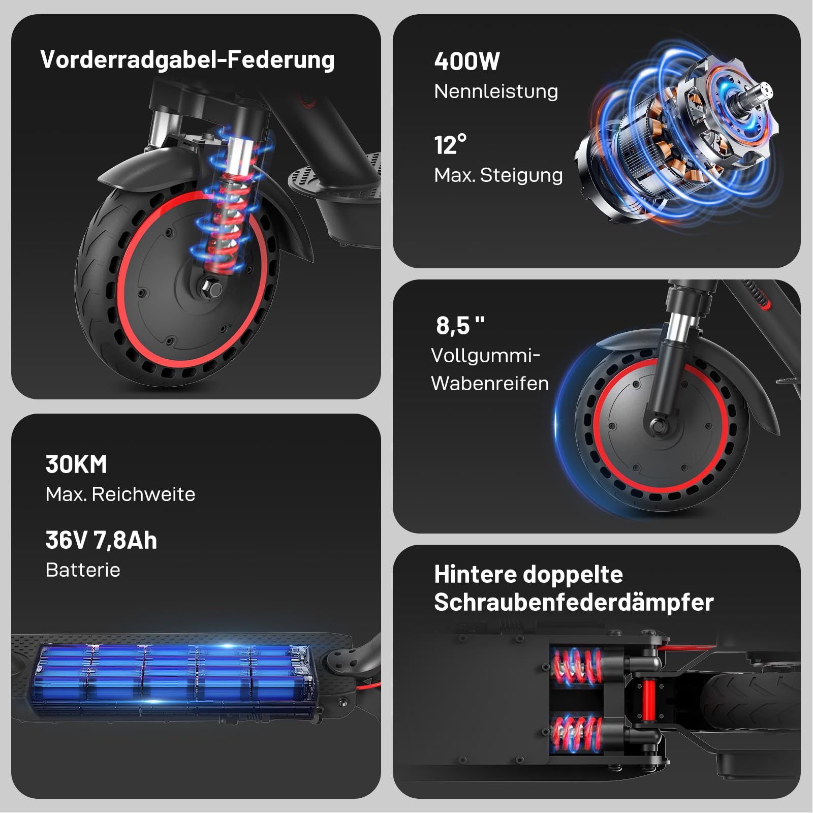 EVERCROSS EV85F/EV10K PRO E-Scooter mit Straßenzulassung (ABE), Faltbarer Elektroroller für Erwachsene mit APP - 400W Motor, 7,8/10,4 AH Batterie, Duales Brems, Zwei Stoßdämpfer