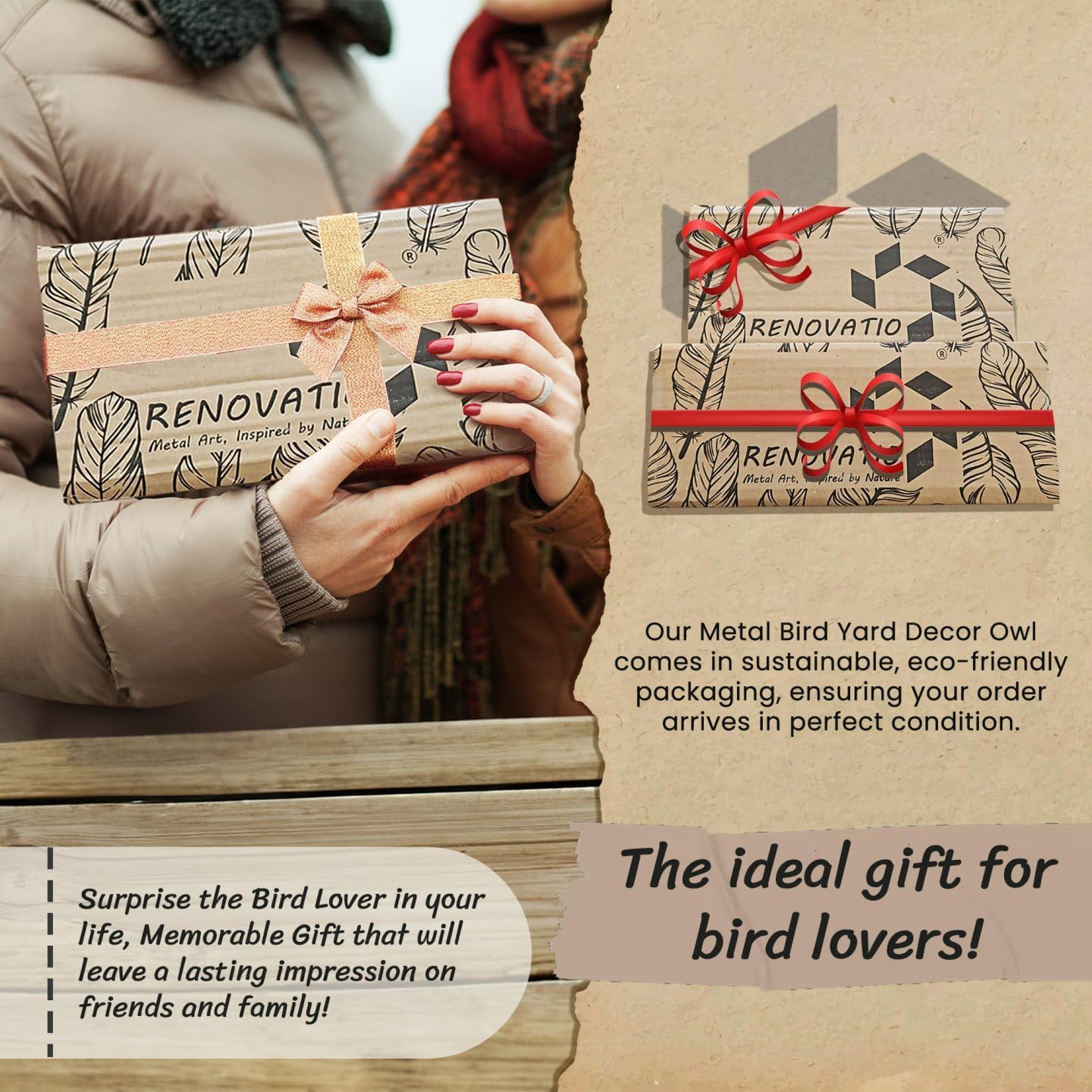 Renovatio Owl Metal Bird Art, Gifts for Dad, Owl Outdoor Decor for Garden, Yard & Patio – Majestic Bird Ornament & Yard Art – Garden Statues, Outdoor Ornaments & Durable Backyard Decor – Black