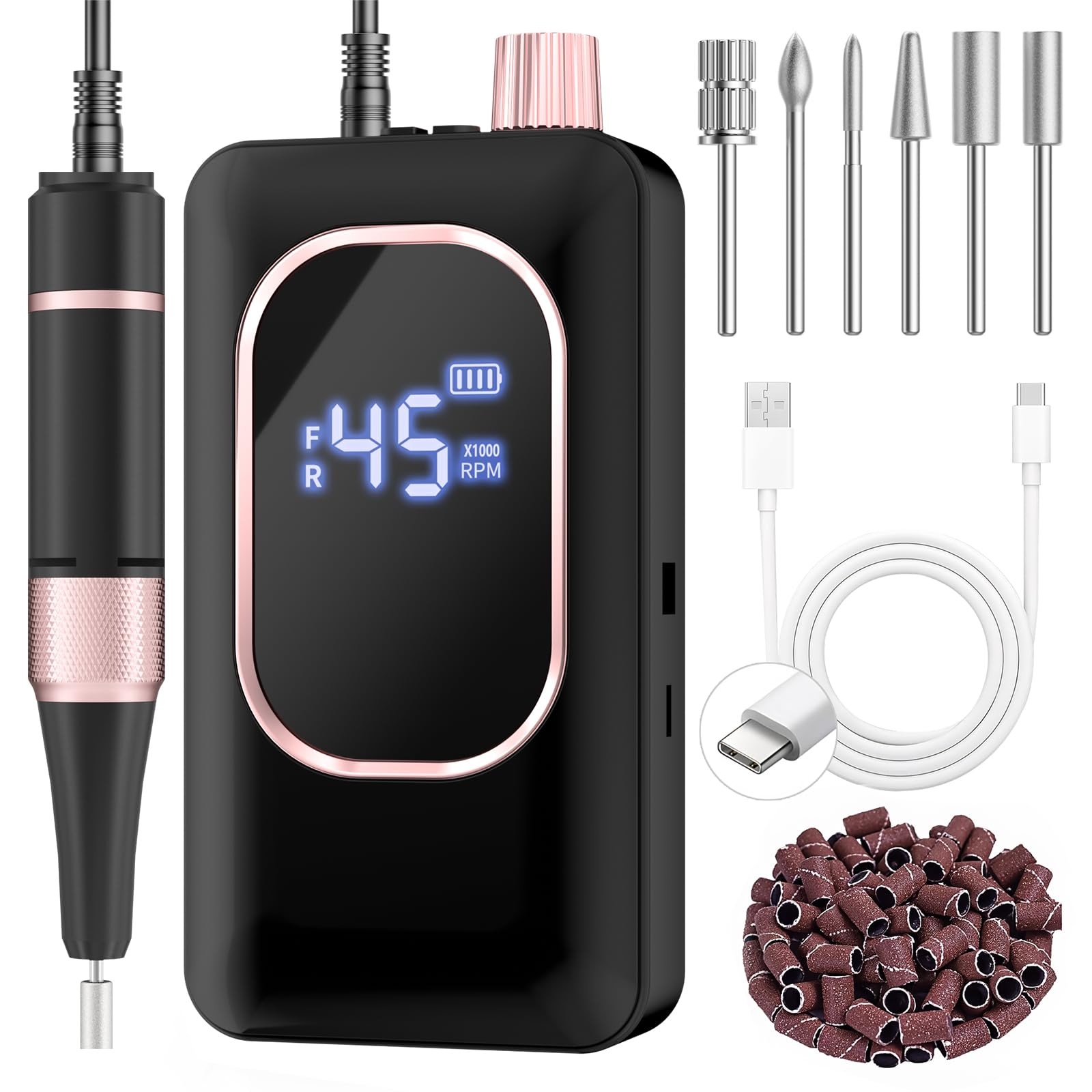 Elektrische Nagelfeile, Schwarze Nagelbohrmaschine Pro Wiederaufladbar 4000mAh mit 8 Stunden Laufzeit, 45000U/min Acryl Nagel Kit für Gel, E Feilen Set mit 6 Bits, 7 Bändern, LED-Bildschirm