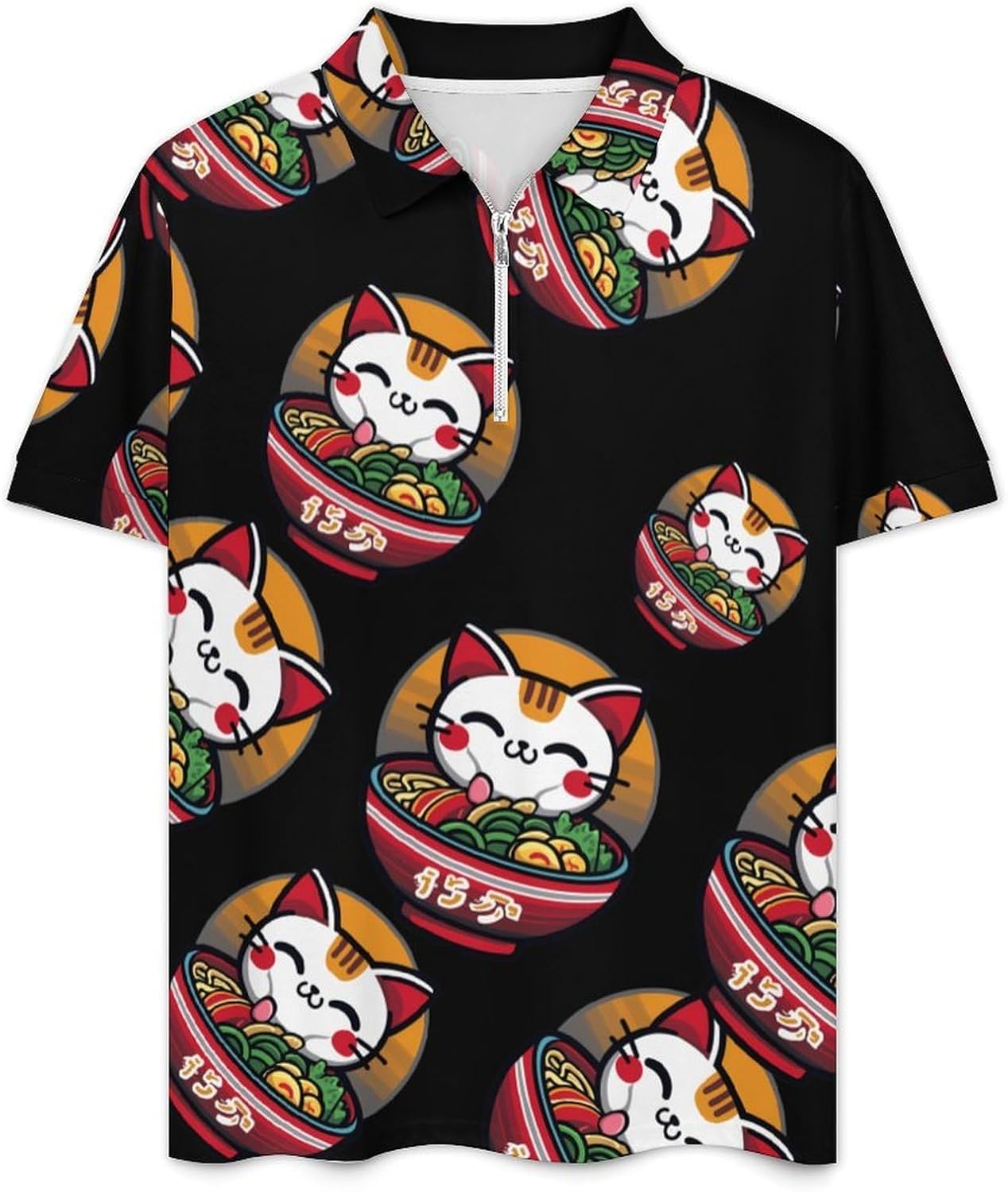 Japanese Cat Eating Ramen Mens Polo Shirts Track Suits 2 Piece Short Sleeve Sweatsuit 1/4 Zip Golf Loungewear for Sports
