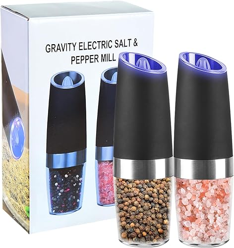 SimpleKitchen - Juego de molinillo eléctrico de pimienta y sal, grosor ajustable, funciona con pilas con luz LED, operación automática con una mano,