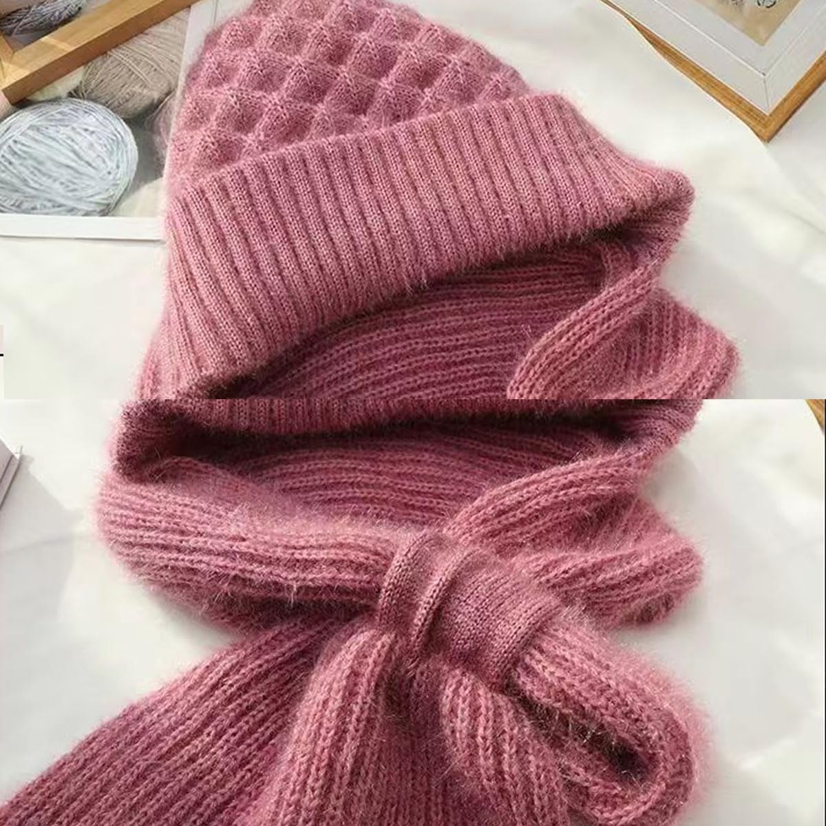 Women Balaclava Hood Scarf Hat Knitted Fleece Elastic Winter Integrated Ear Protection Windproof Cap Beanie Hat, Blue, Large 3