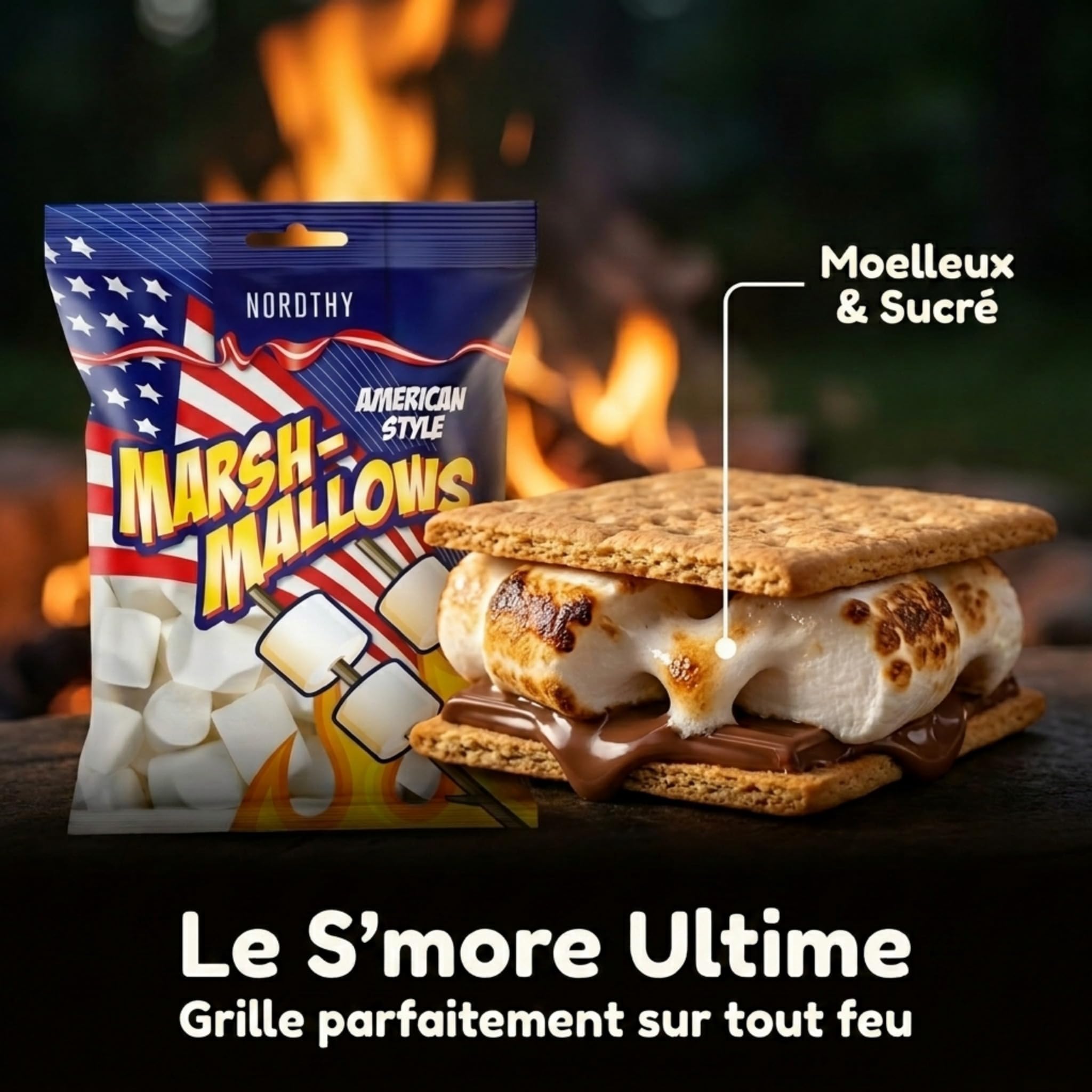 Nordthy Marshmallows American Style 300g – Guimauves Moelleuses à la Vanille – Chamallows pour S’mores, Chocolat Chaud, Desserts, Gâteaux et Buffets Sucrés