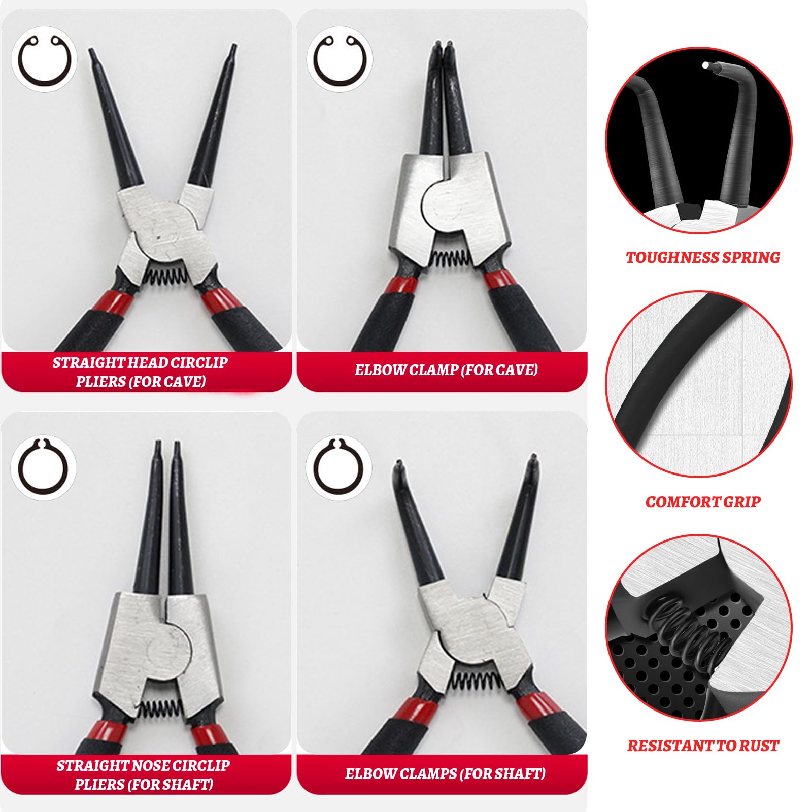 4 alicates Seeger 180 mm, pinzas para anillos, recta y curva con asas antideslizantes, bolsa portátil para bisutería, bloqueo interior y exterior