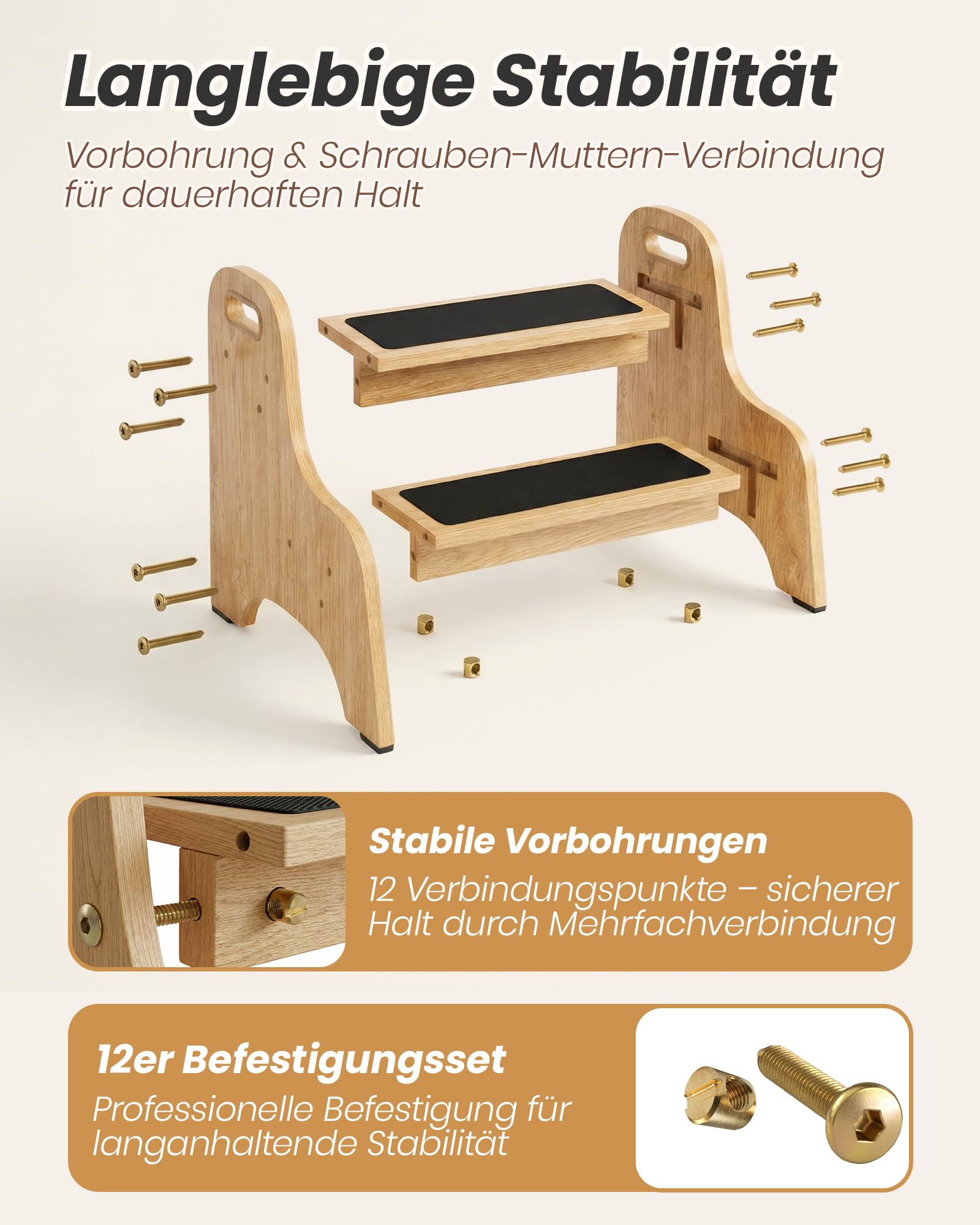 Tritthocker Kinder aus Holz – extra stabil & rutschfest, Anti-Rutsch Stufen, sichere Rundkanten, Fester Halt – ideal für Bad, Toilette & Küche