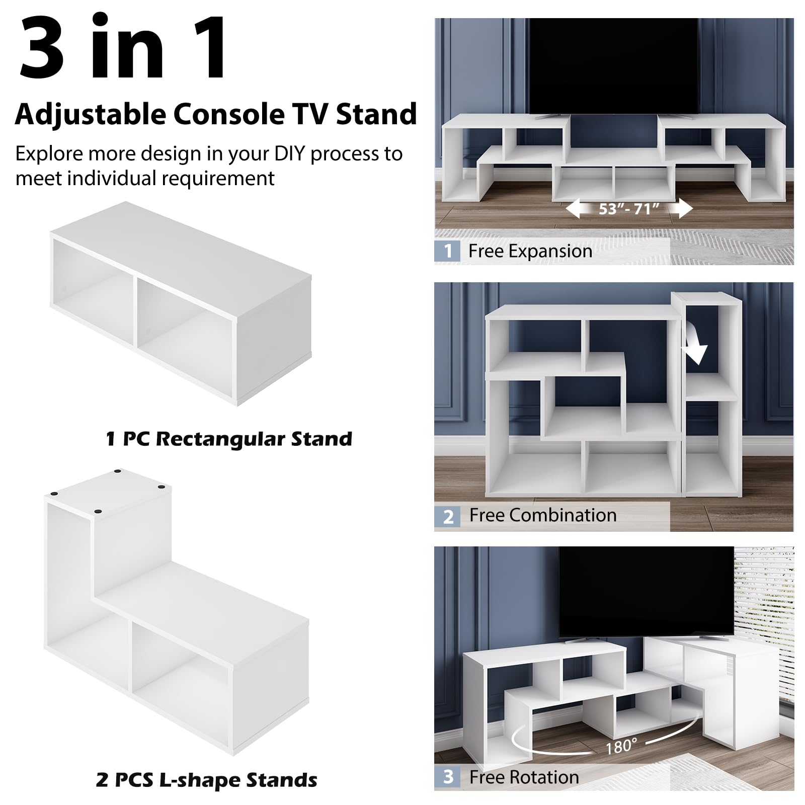 KOMFOTTEU Fernsehschrank Holz, TV-Schrank frei kombinierbar, TV Lowboard für TVs bis zu 65 Zoll, Multifunktionaler Bücherregal & TV-Kommode (Weiß)