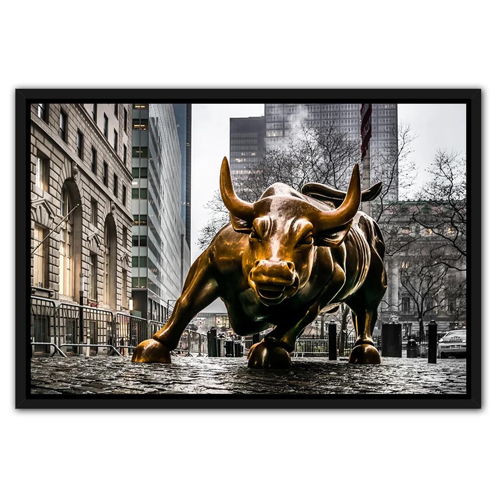 Black Framed Wall Art Powerful Copper Bull Posters 1 Panels Wall Street Copper Bull Artwork Pictures Print on Canvas for Home Office Decoration, Ready to Hang, 24" Wx16 H