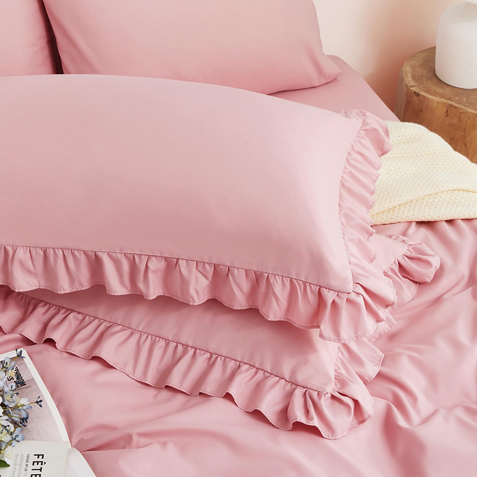Horbaunal 2 Pack Pink Ruffle Pillowcases Queen Size, 20" x 30" Ruffle Pillow Covers Ultra Soft Microfiber Ruffled Fringe Pillow Shams, Shabby Chic Pillow Cases — image 1