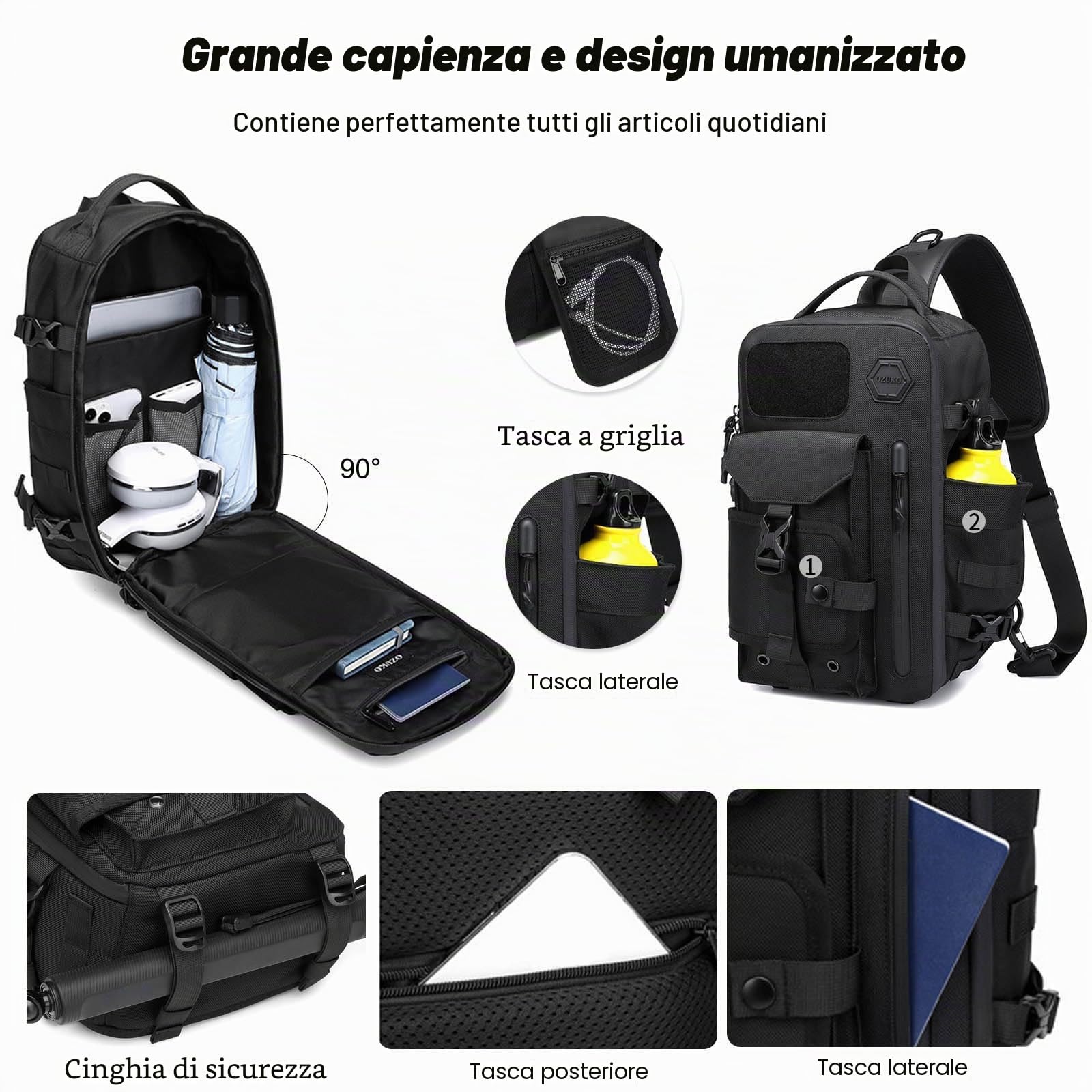 FANDARE Zaino Monospalla Uomo Militare da Palestra, Borsa a Tracolla per Campeggio, Escursione, Viaggio, Sportivo Sling Bag Nero