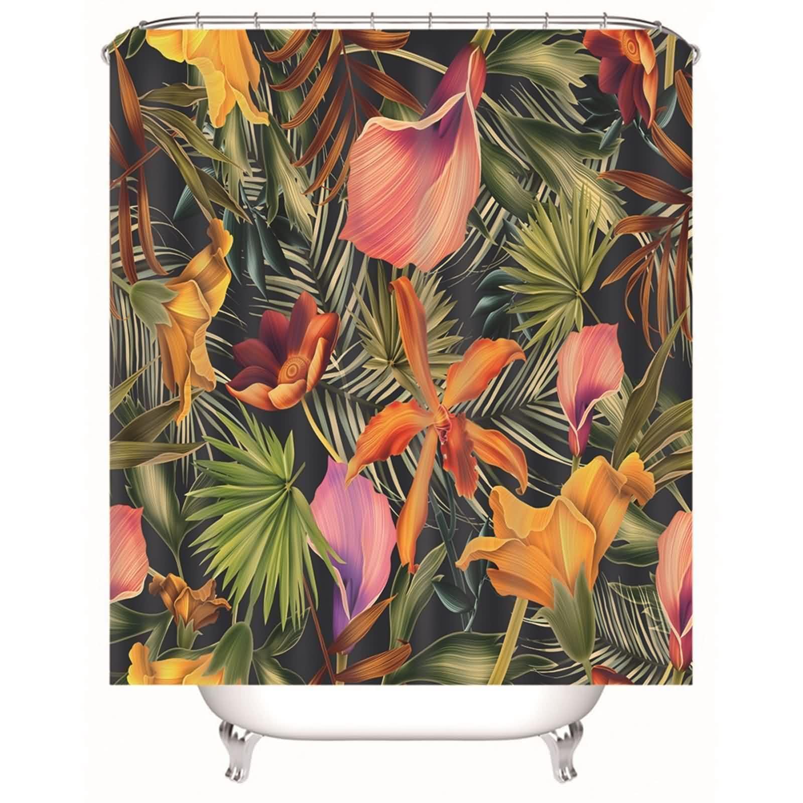 Rideau de douche multicolore vert motif fleurs et feuilles en polyester textile avec anneaux