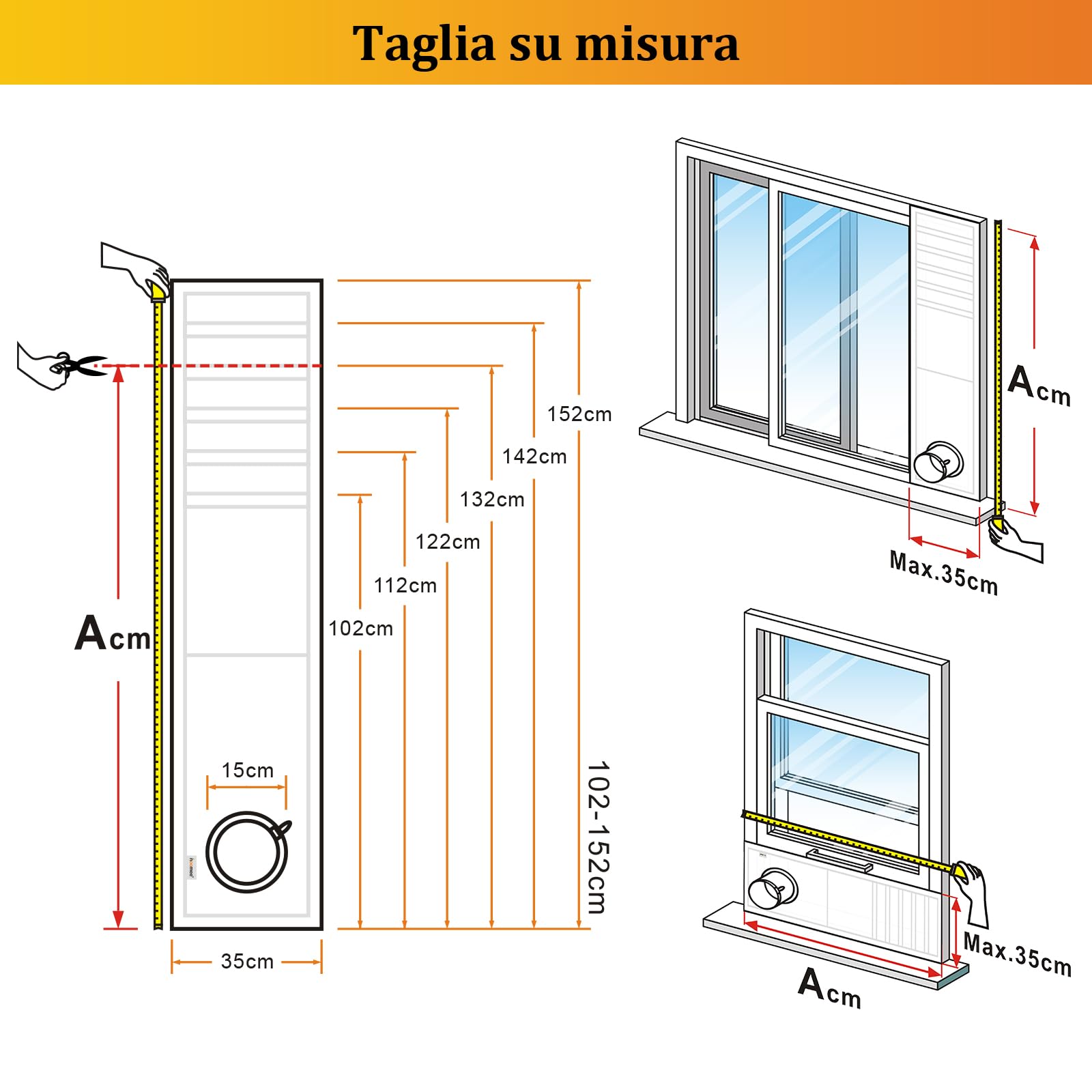 HOOMEE Guarnizione Universale per Finestre Scorrevoli Orizzontali e Verticali per Installazione Condizionatore Portatile – Regolabile da 35x102 Fino a Max 35x152 cm – Facile da Installare