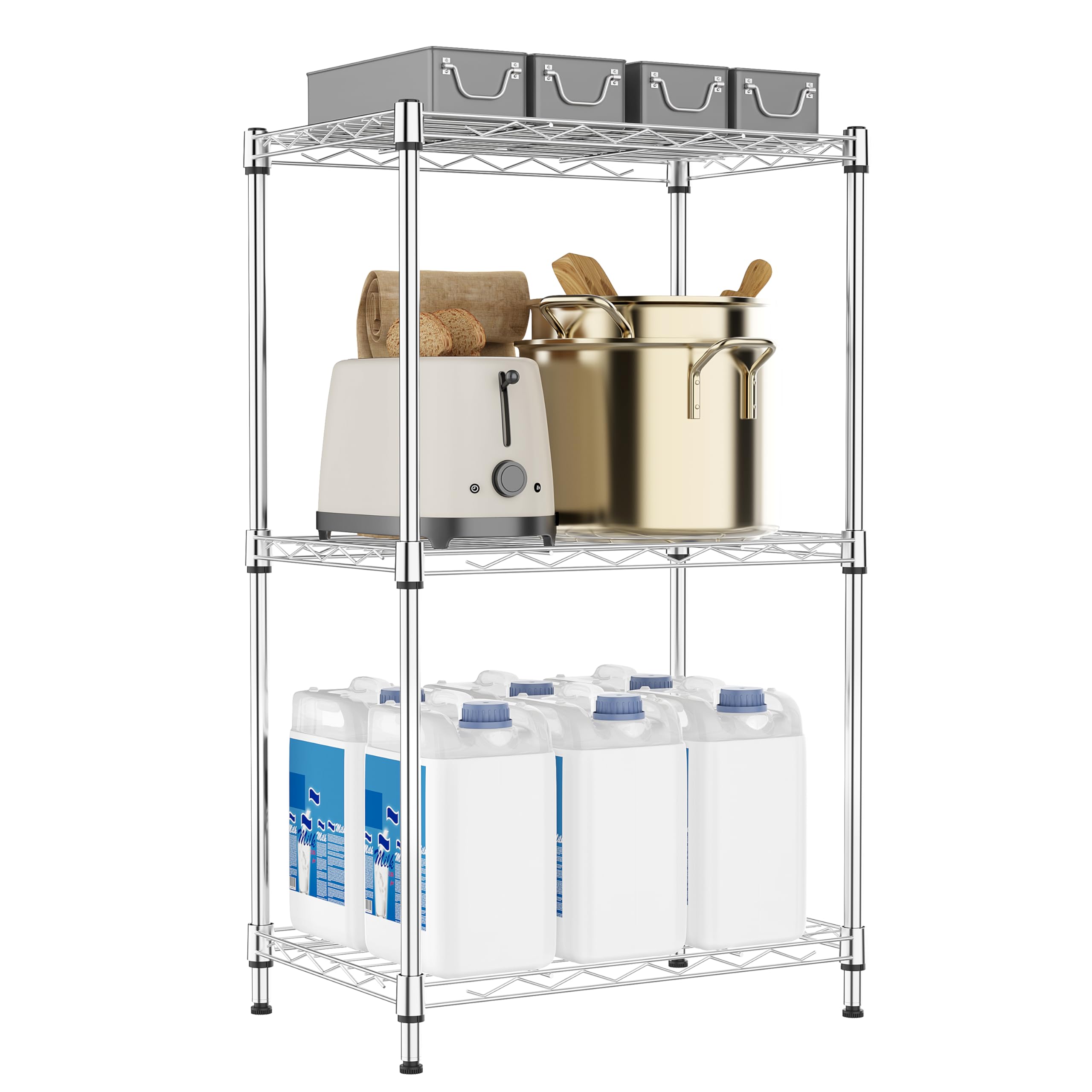 M MZG 3 Tiers Shelf Metal Storage Shelves Wire Rack Closet Organizers with Wheel for Garage Kitchen Bathroom Laundry Chrome 11.8" D x 17.7" W x 28.8" H