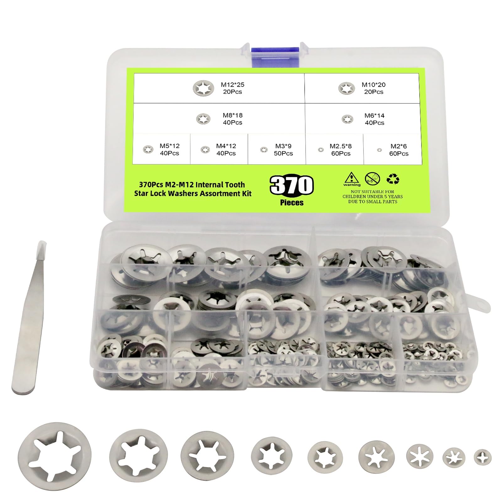 Mostantu 370Pcs Stainless Steel Internal Tooth Star Lock Washers Set, M2 M2.5 M3 M4 M5 M6 M8 M10 M12 Quick Speed Locking Washers Assortment Kit, 9