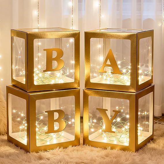 Lovelite Baby Boxes with Letters for Baby Shower, 4 Clear Balloon Boxes with LED Fairy String Lights