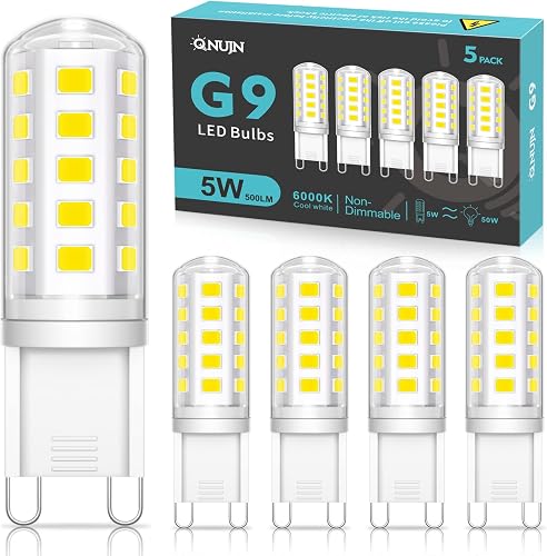 G9 Led Bulbs Cool White, 5W, 500LM, 6000K, Equivalent to 50W Halogen, Non-Dimmable Energy Saving Light Bulb for Home Lighting Decor, Chandelier, Wall Light, Crystal Lamp-5 Packs