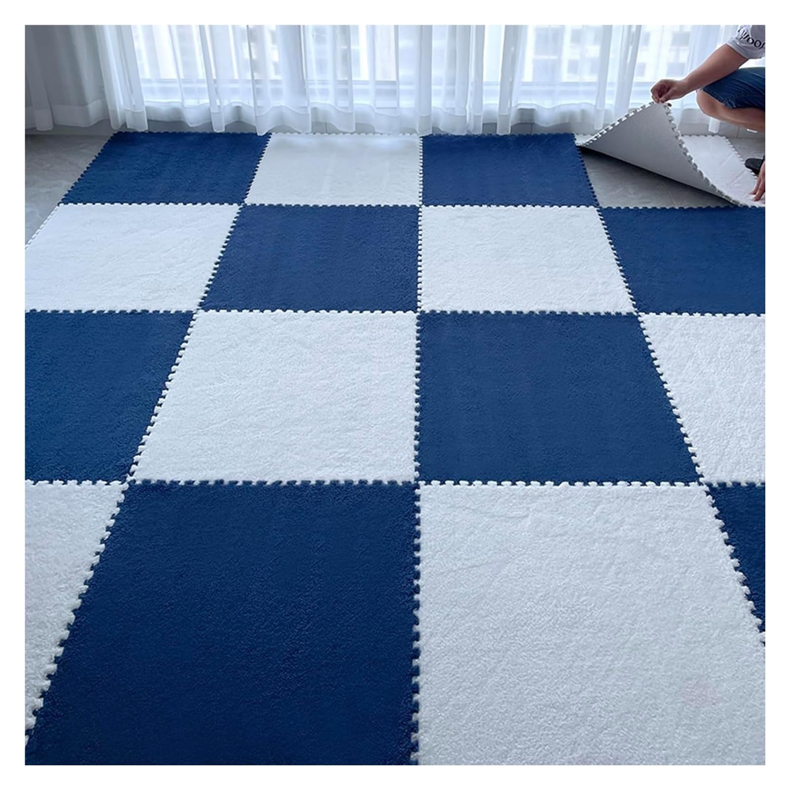 Piankowa mata podłogowa, 12 i 24-calowe pluszowe puzzle piankowa mata podłogowa, blokująca Playmat, miękkie puszyste płytki dywanowe do salonu, 4 szt.(Navy Blue+white,23.6x23.6 Inch)