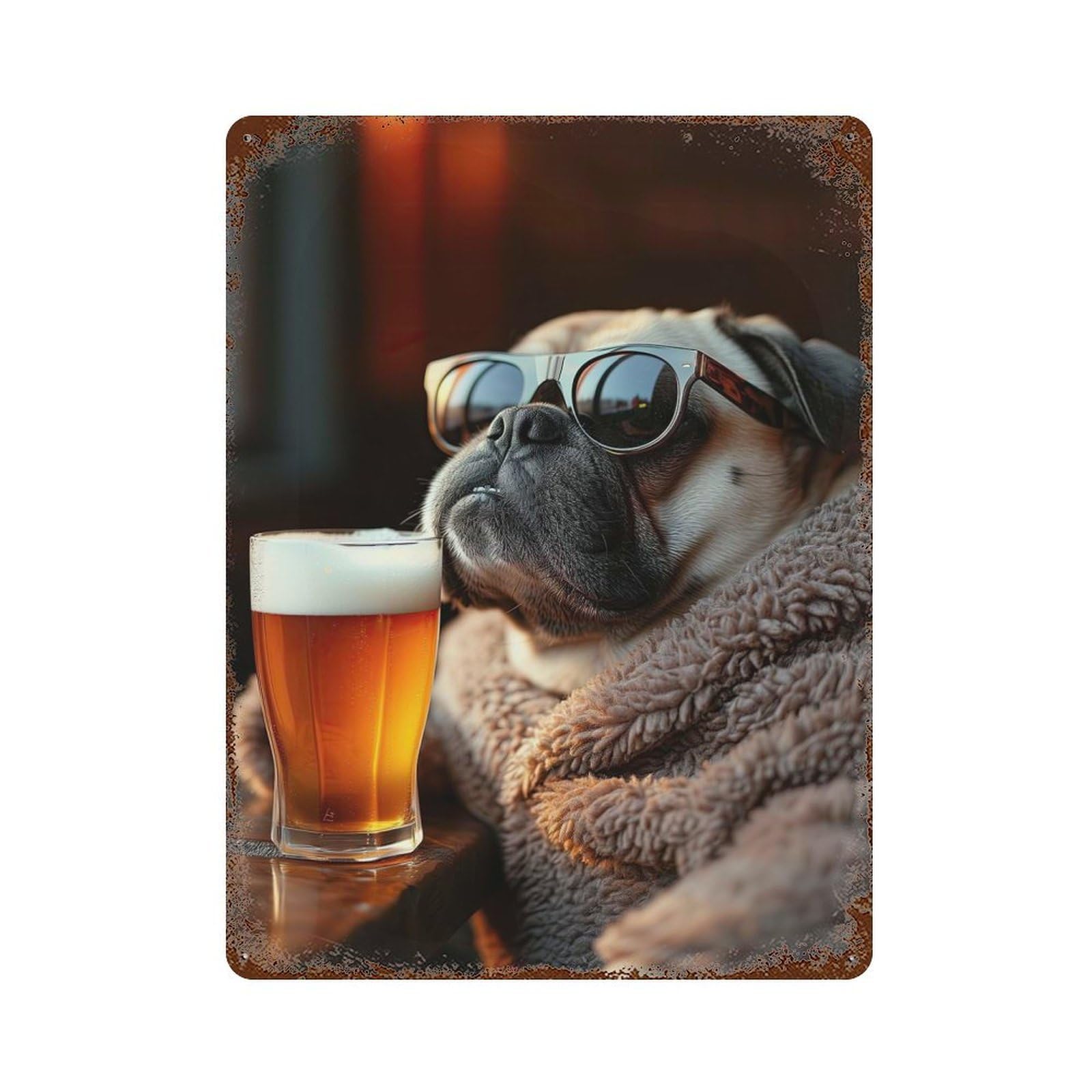 Chill Pug Beer Dog 15.7"x11.8" Rusty Metal Tin Sign, Farmhouse Wall Decor for Office, Studio And Wall Decor