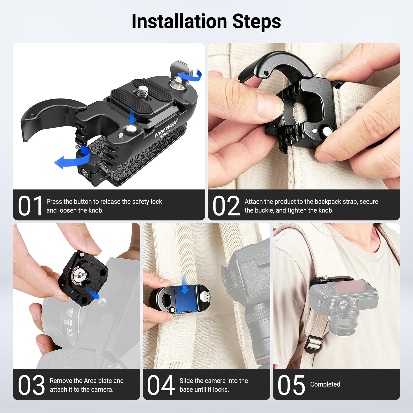 NEEWER Support de Fixation pour Sac à Dos Caméra avec Plaque QR Carrée,Loquet Sécurité Amélioré,Sangle en Acier Inoxydable,Compatible avec Canon Nikon Sony DSLR à Système QR PD,Charge 10kg (22lb),GP67