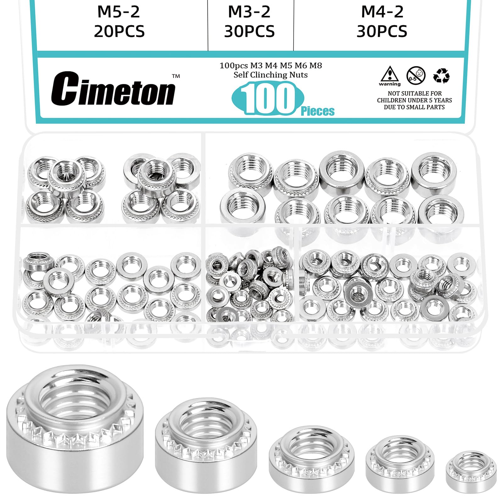 Cimeton 100PCS Self Clinching Nuts M3 M4 M5 M6 M8 304 Stainless Steel Rivet Nut Fastener Knurled Self Clinching Nut Fastener for Machinery Electrical Products