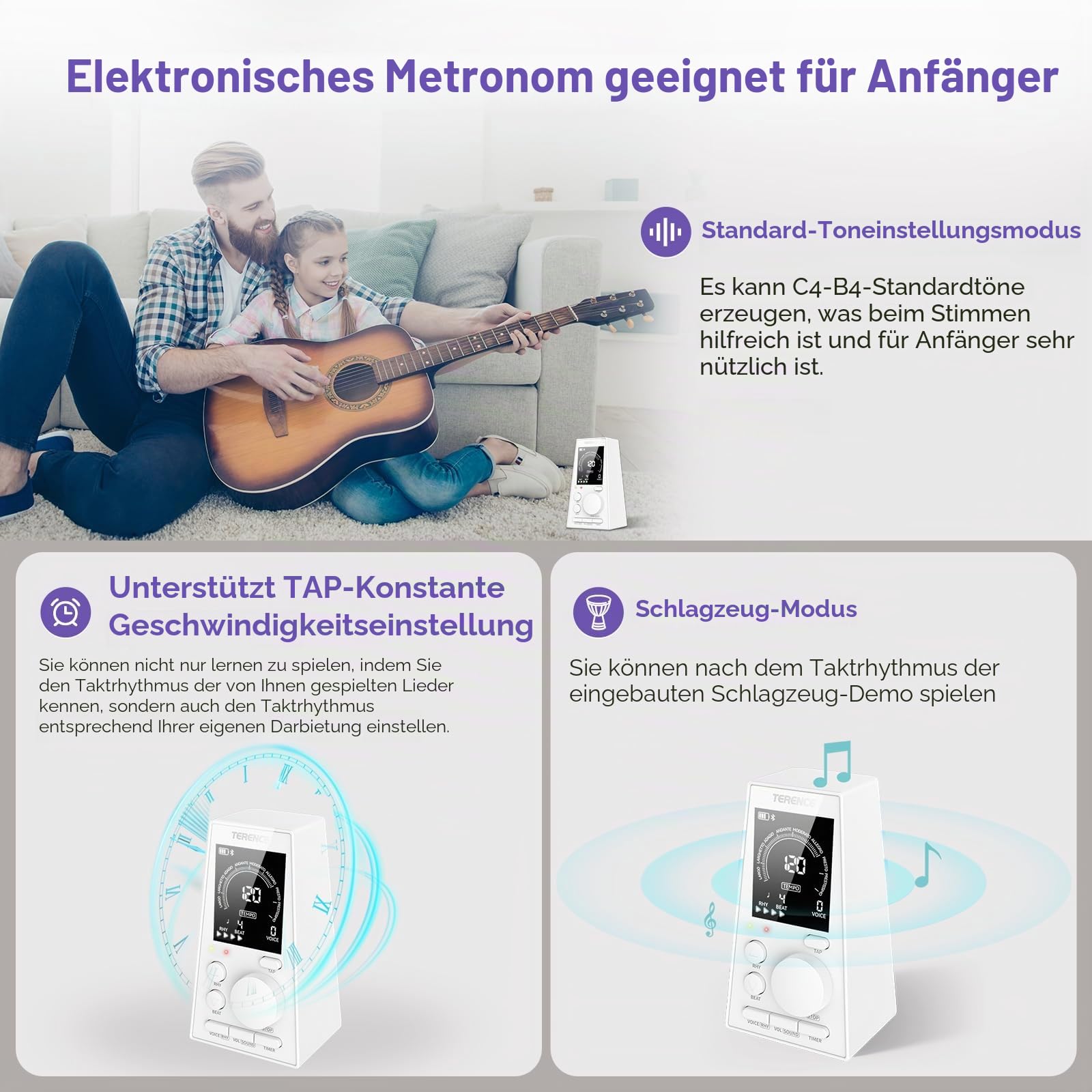 TERENCE Digitales Metronom Piano Gitarre Bass Eukliri Instrument Elektronisches Metronom mit Lautsprecher LCD Monitor Lautstärke Tempo einstellbar Timerfunktion wiederaufladbar 30-252bpm weiß