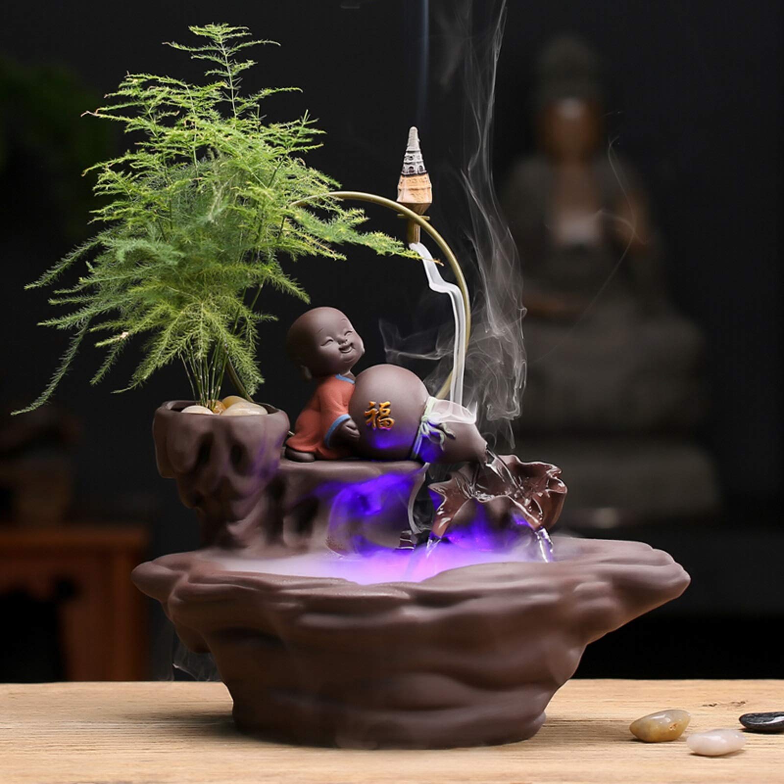 Zen Desktop Fontanna w stylu chińskim płynącej wody ozdoby stołowe fontanna fioletowy glina mały mnich wodospad kadzidło kadzidło uchwyty dekoracja prezent dekoracje wnętrz