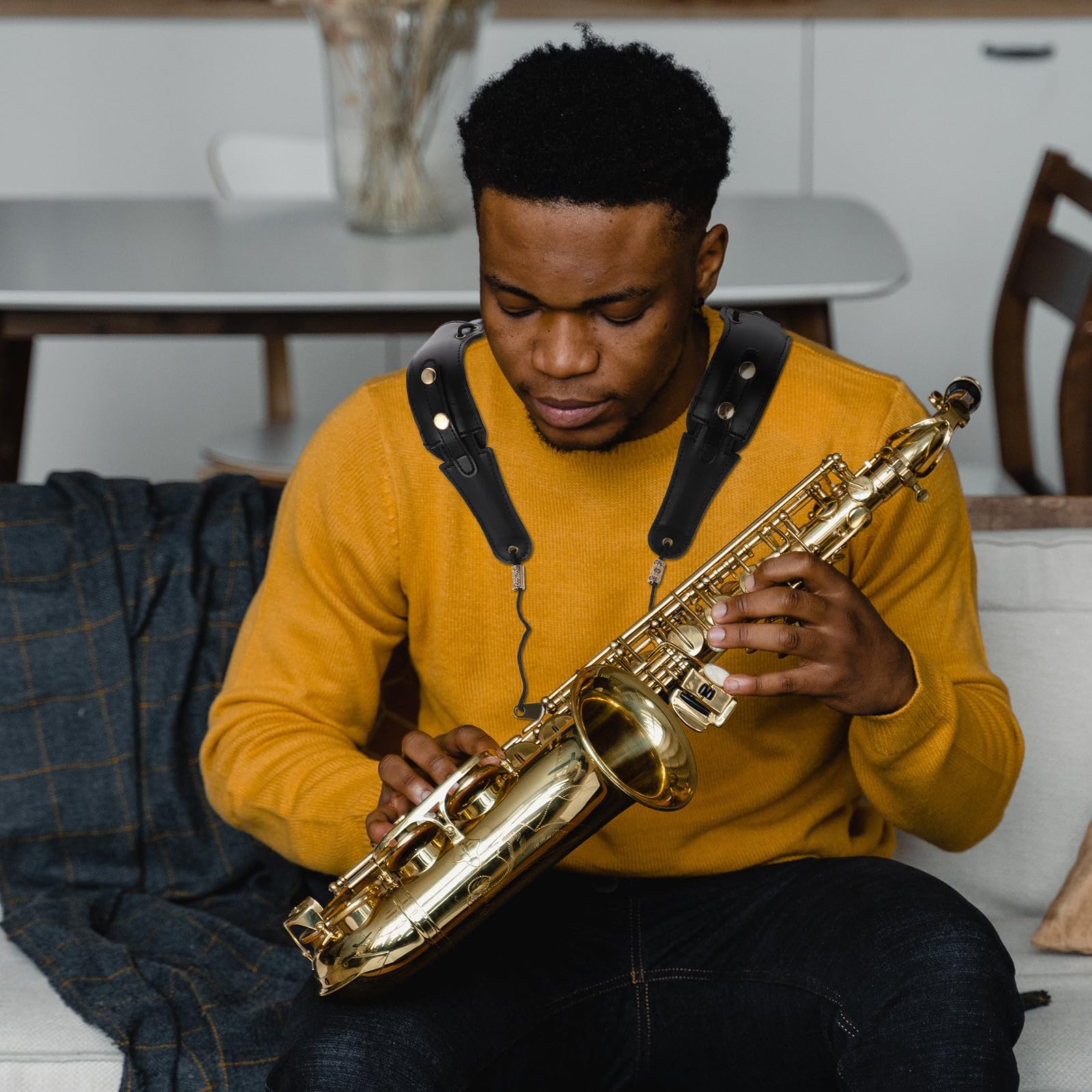Abaodam Correa de Hombro Acolchada Material de Cuero y Metal Negro, Práctica y Resistente para Saxofón Adecuado para Músicos Adultos y Estudiantes