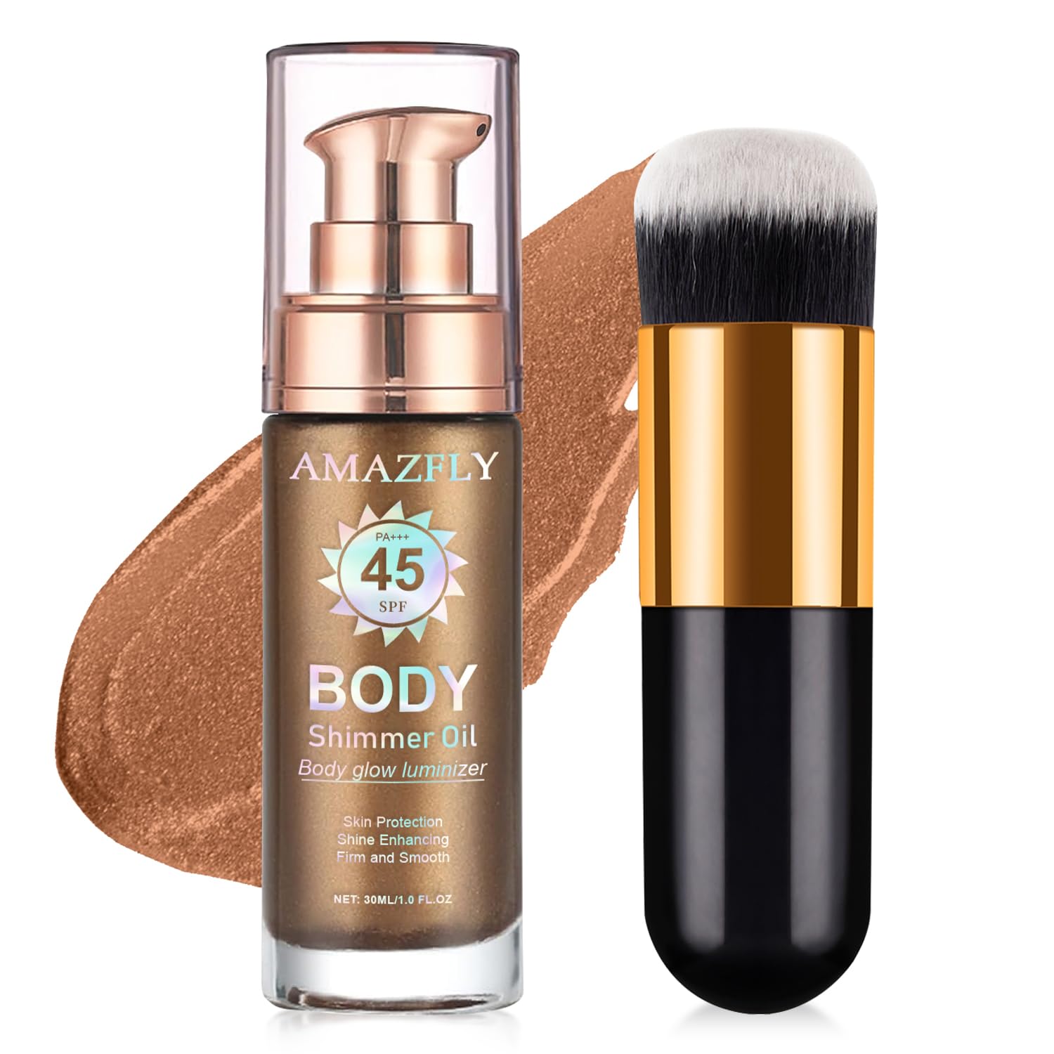 Shimmer Body Oil, SPF 45 Broad Spectrum, Sunscreen Face and Liquid Luminizer Waterproof Moisturizing, Light Shimmer Glow Illuminator, Smooth Body
