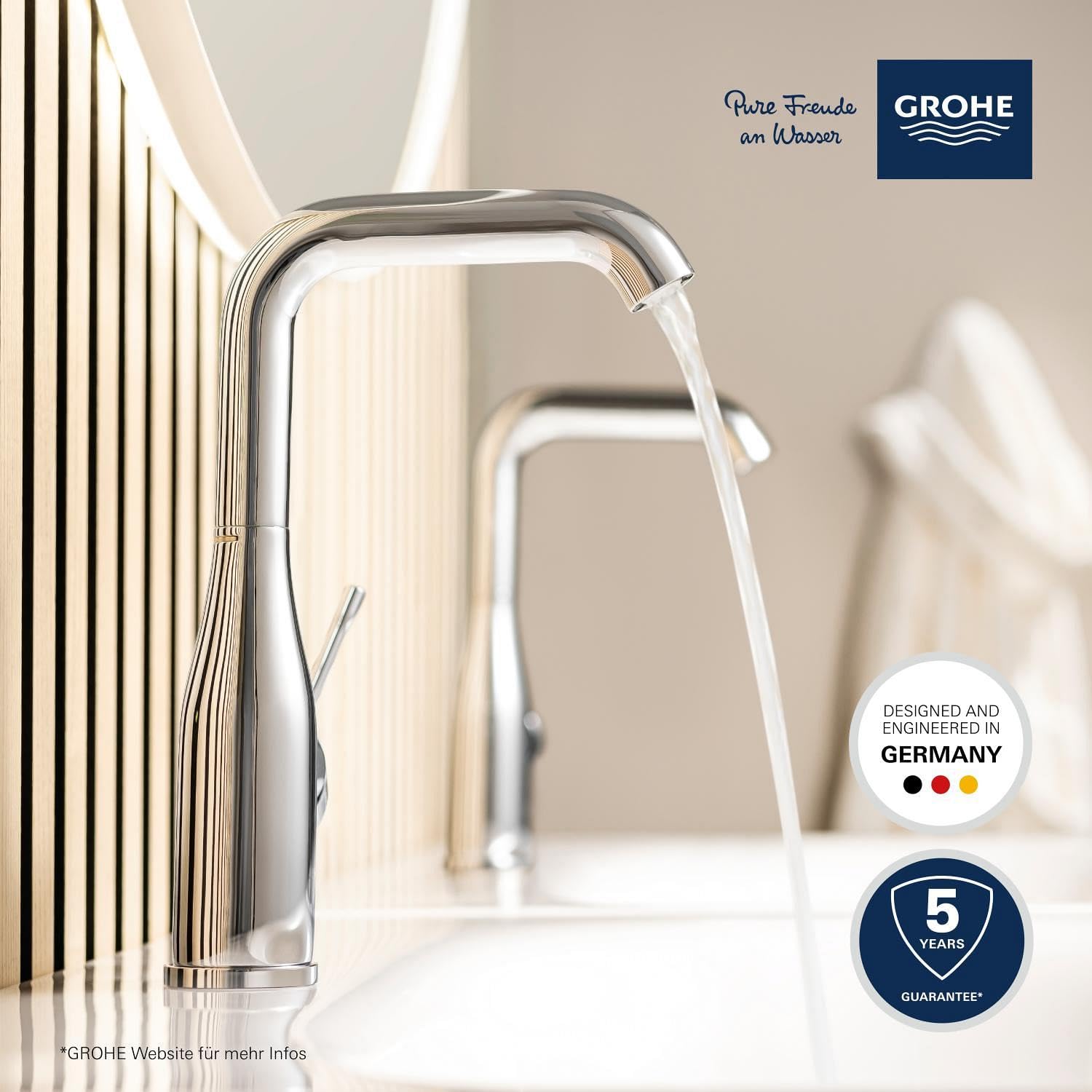 GROHE Essence, Waschtischarmatur, wassersparend (Wasserhahn für das Bad, 24cm hoch, Badarmatur mit Pop-Up Ablauf, schwenkbar, einfache Installation am Waschbecken), chrom, 23799001