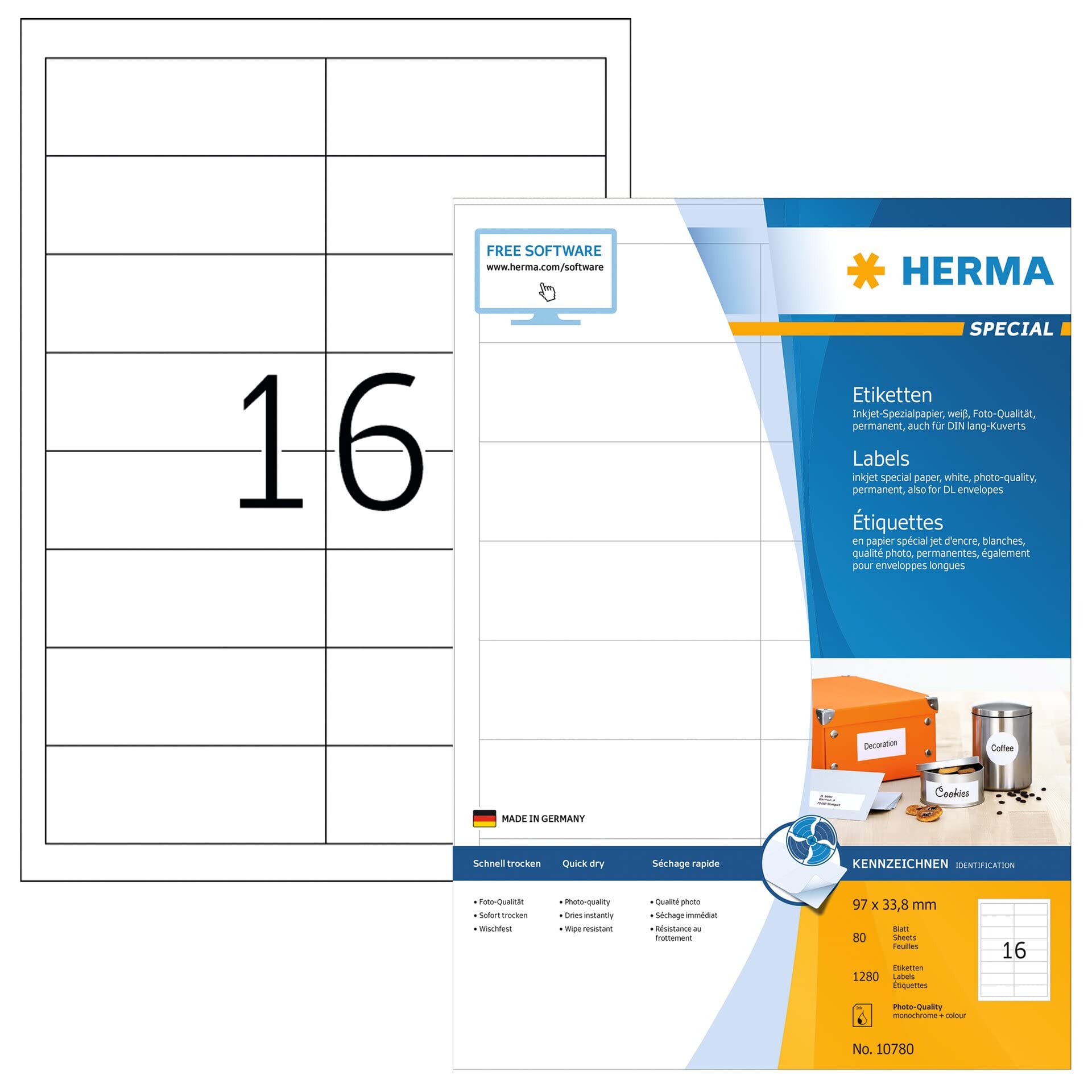 HERMA 10780 - Etichette per indirizzi per stampanti a getto d'inchiostro, 80 fogli, 97 x 33,8 mm, 16 fogli A4, 1280 pezzi, autoadesive, stampabili, opache, in bianco