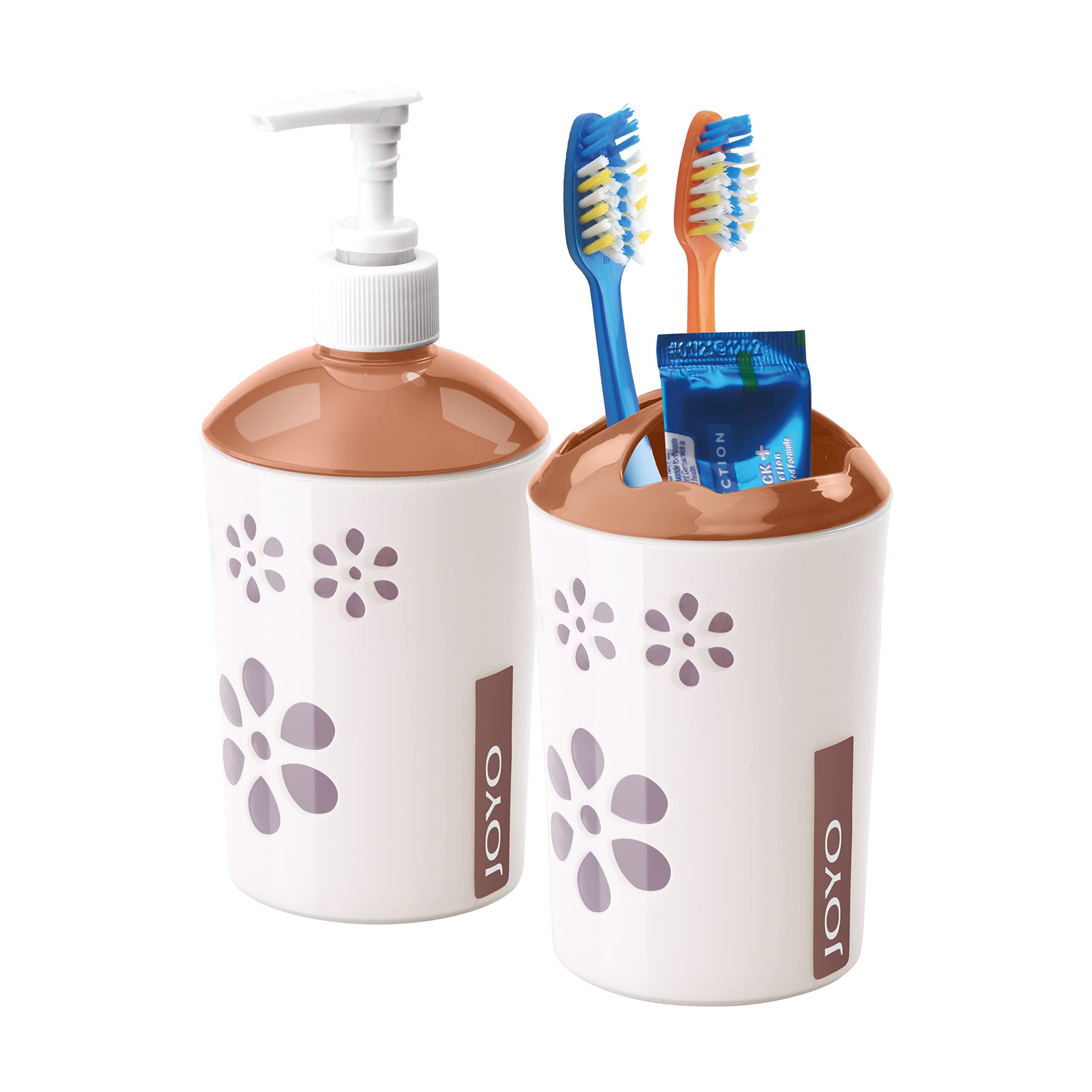 Joyo Fantasy Bath Set Liquid Soap Dispenser and Tooth Brush Holder for Bathroom Utility(Almond)(Pack of 2)