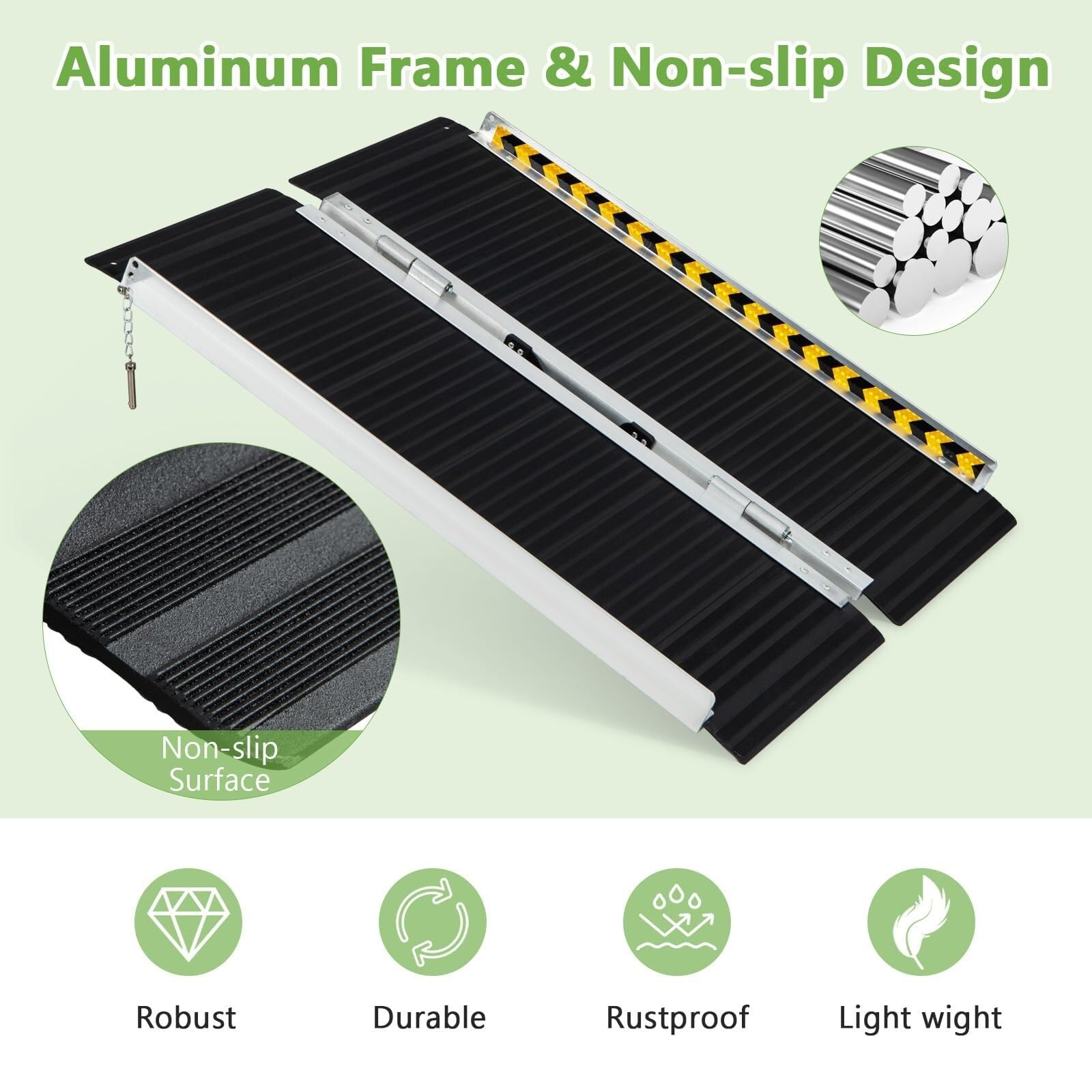 Rampa portátil de aluminio con superficie antideslizante y calcomanías reflectantes para acceso de silla de ruedas en escalones y escaleras