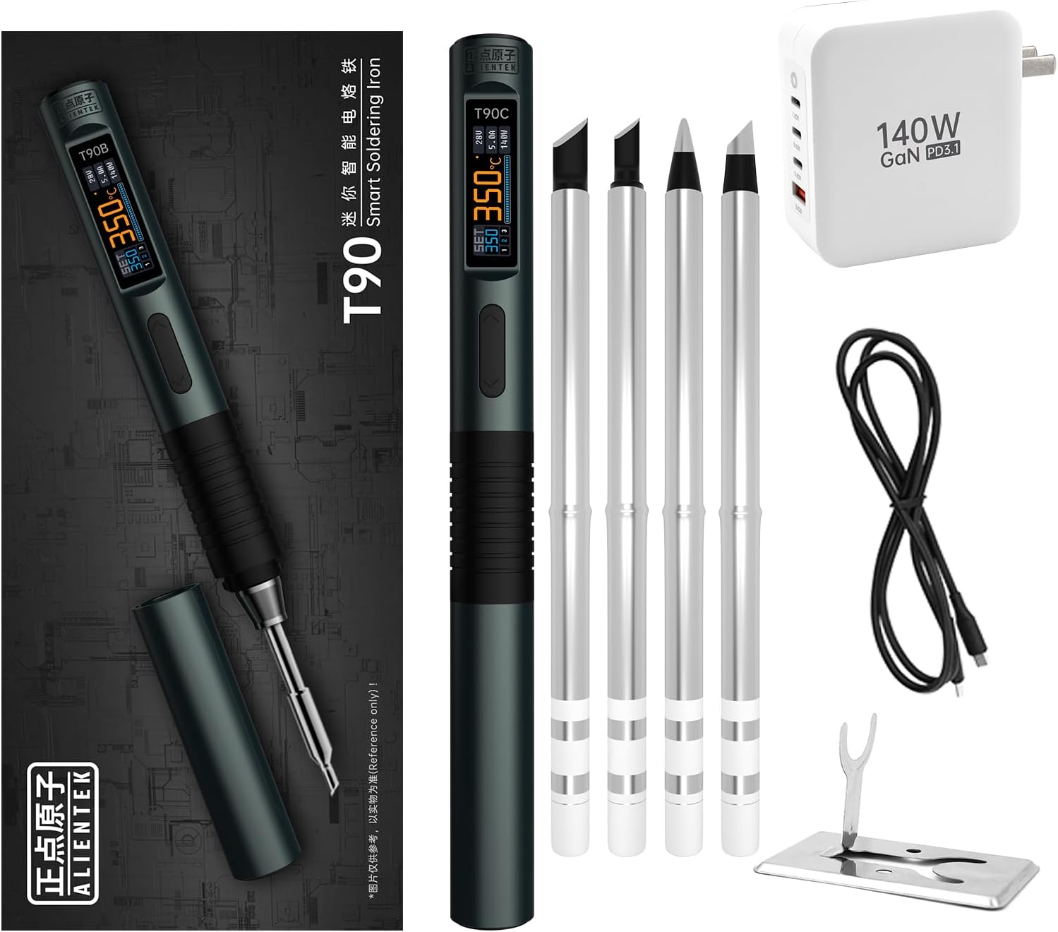 140W Soldering Iron Kit, T90 Fast Heating Digital Soldering Iron Adjustable Temperature PD3.1/QC,Type-C Portable Digital OLED Screen Display USB Soldering Pen C245 (T90C soldering iron Set)