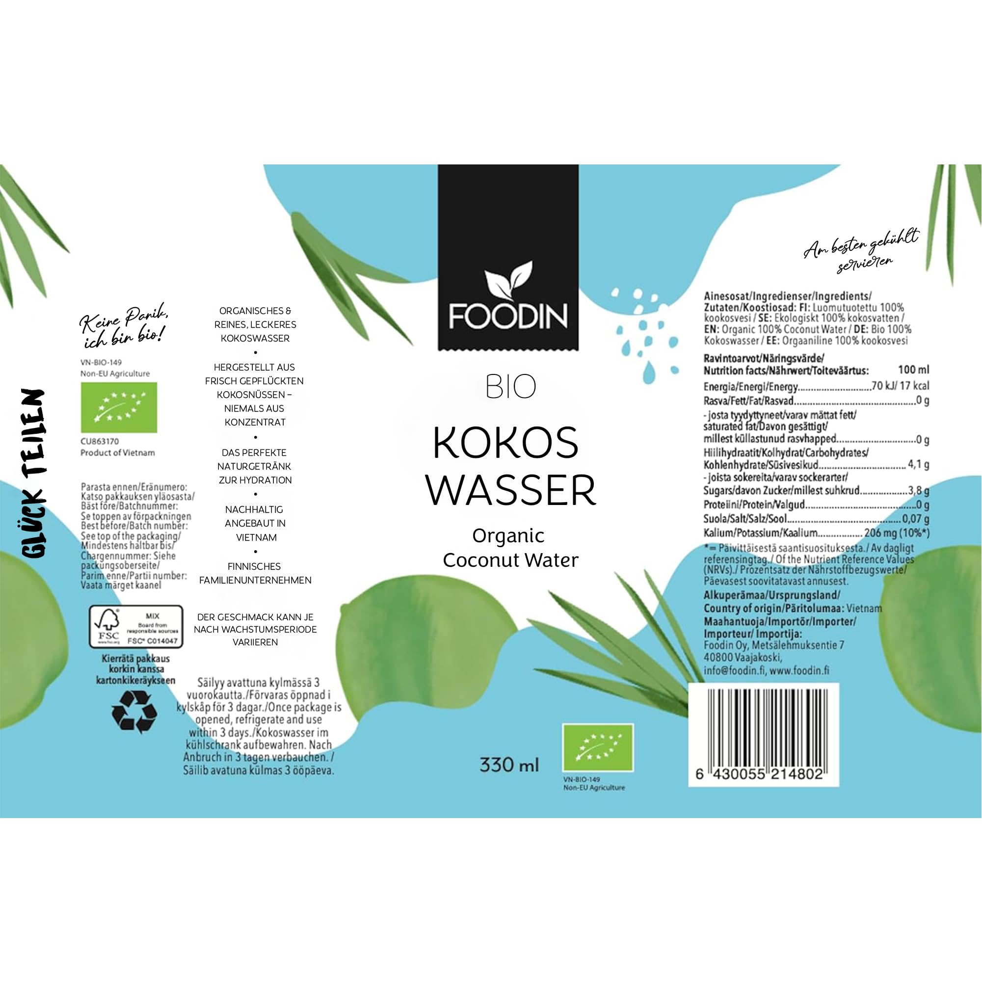Foodin Bio-Kokoswasser – 100% natürliches Kokosnusswasser mit Elektrolyten – glutenfrei, kalorienarm, fettfrei, vegan – 12er Pack (12 x 330ml)