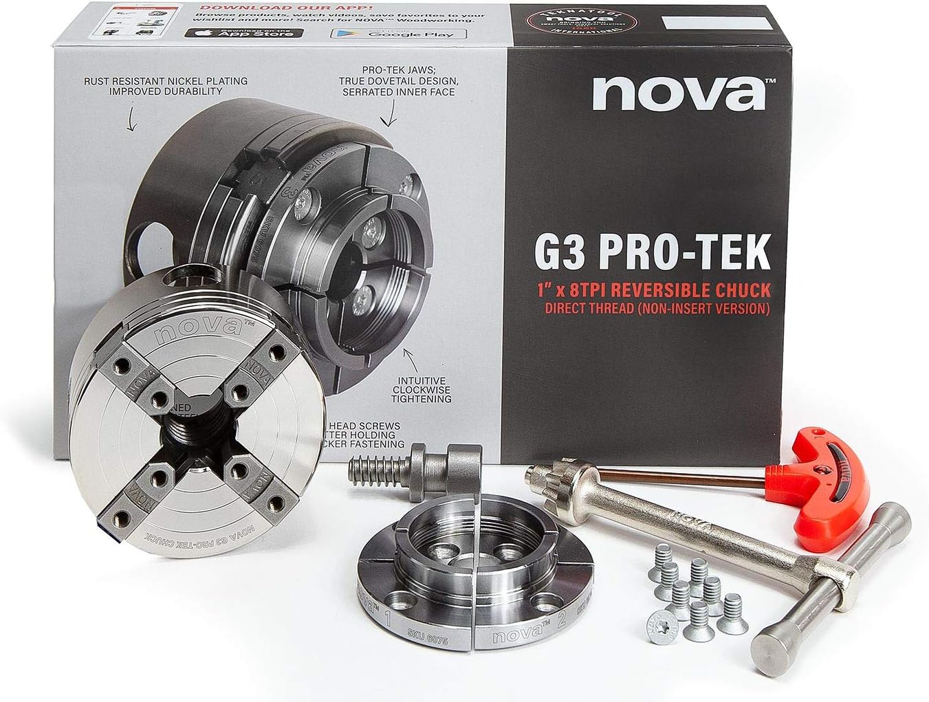 48291 PREMIER PRO-TEK G3 CHUCK With 2" PRO-TEK Jaws, Woodworm screw, & Dlx. Storage Box, Direct Thread Version 1"x 8 TPI Only (Does Not Use Inserts)