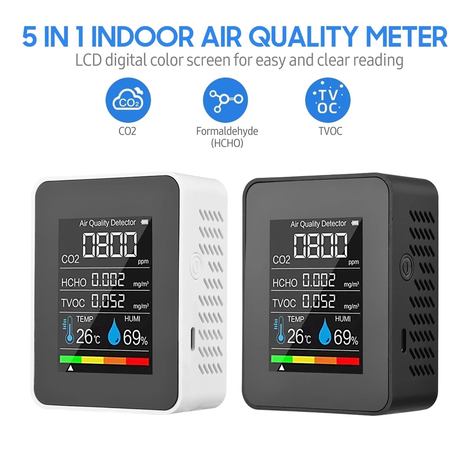 Monitor Della Qualità Aria 5 In 1 Rilevatore Di CO2 For Interni Formaldeide HCHO TVOC Tester LCD Umidità Temperatura Allarme Misuratore(Black)