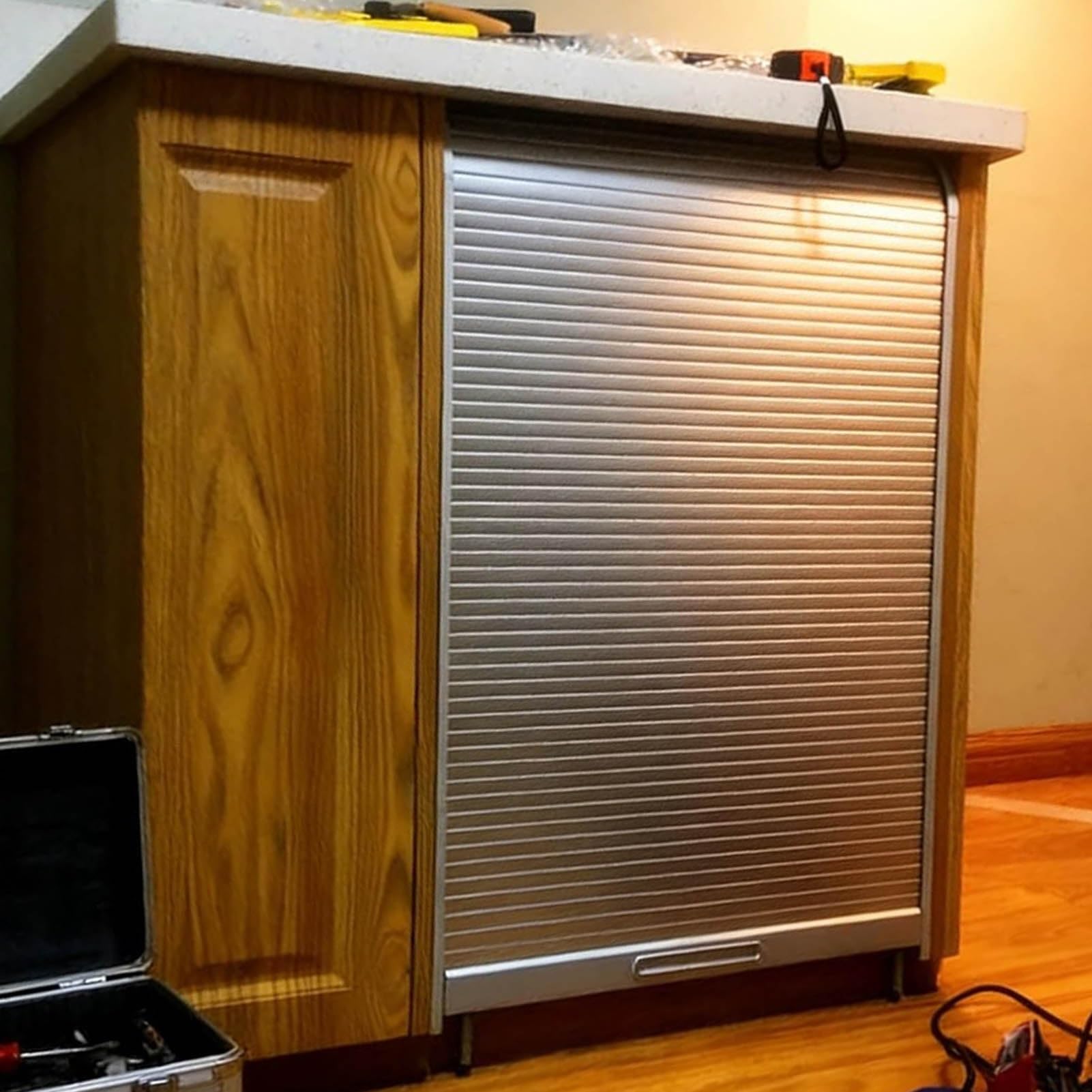 KHLMSRXJ Folding Door Custom Sliding Tambour Door Cabinet Silver, ABS Roll Up Folding Doors Space Saving, Appliance Roller Shutter Kitchen Door with Rails & Handle(22x36in (56x91.5cm))