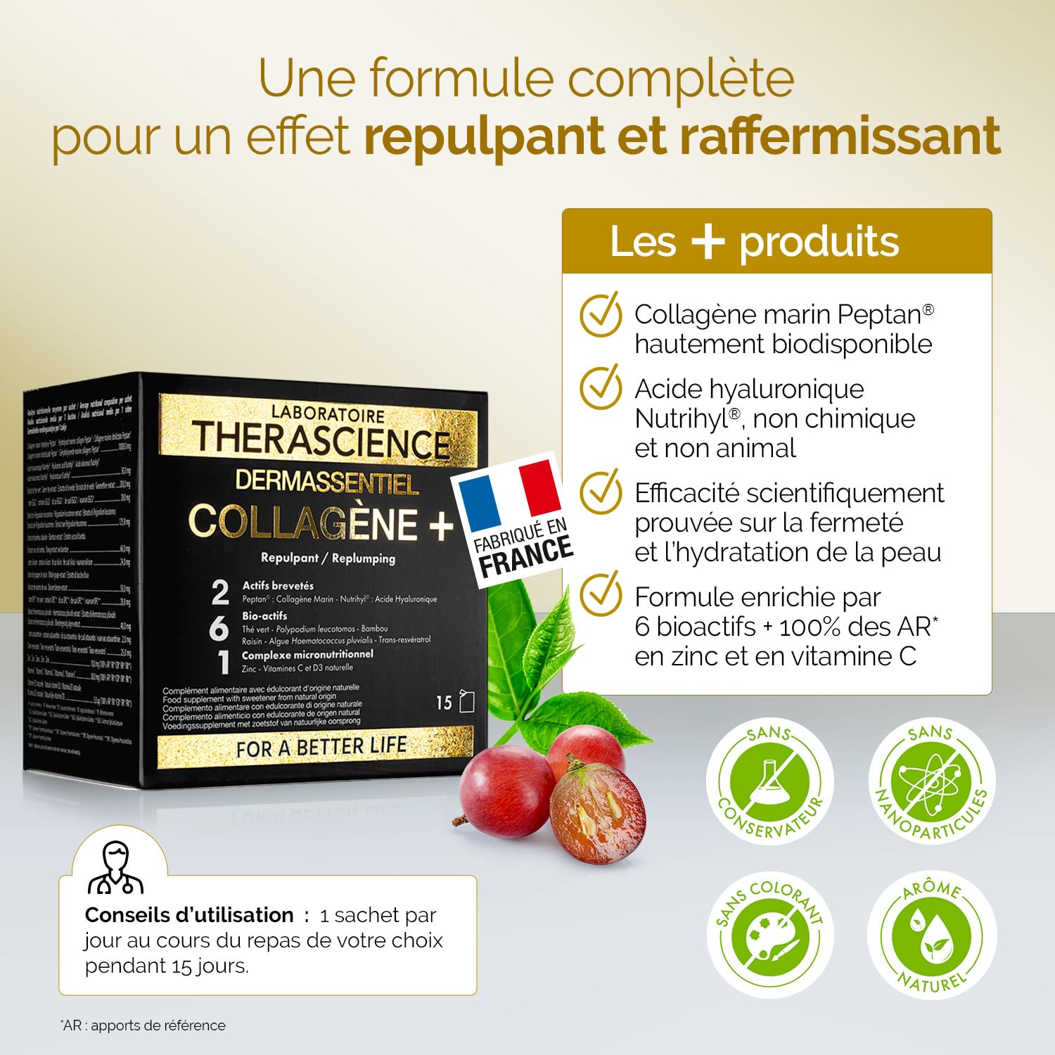 DERMASSENTIEL COLLAGÈNE+ | Repulpe & Raffermit | 10g de Collagène marin hydrolysé Peptan® | Acide hyaluronique Nutrihyl®| 6 Bio-actifs | Zinc + Vitamine C | 15 sachets | Laboratoire THERASCIENCE