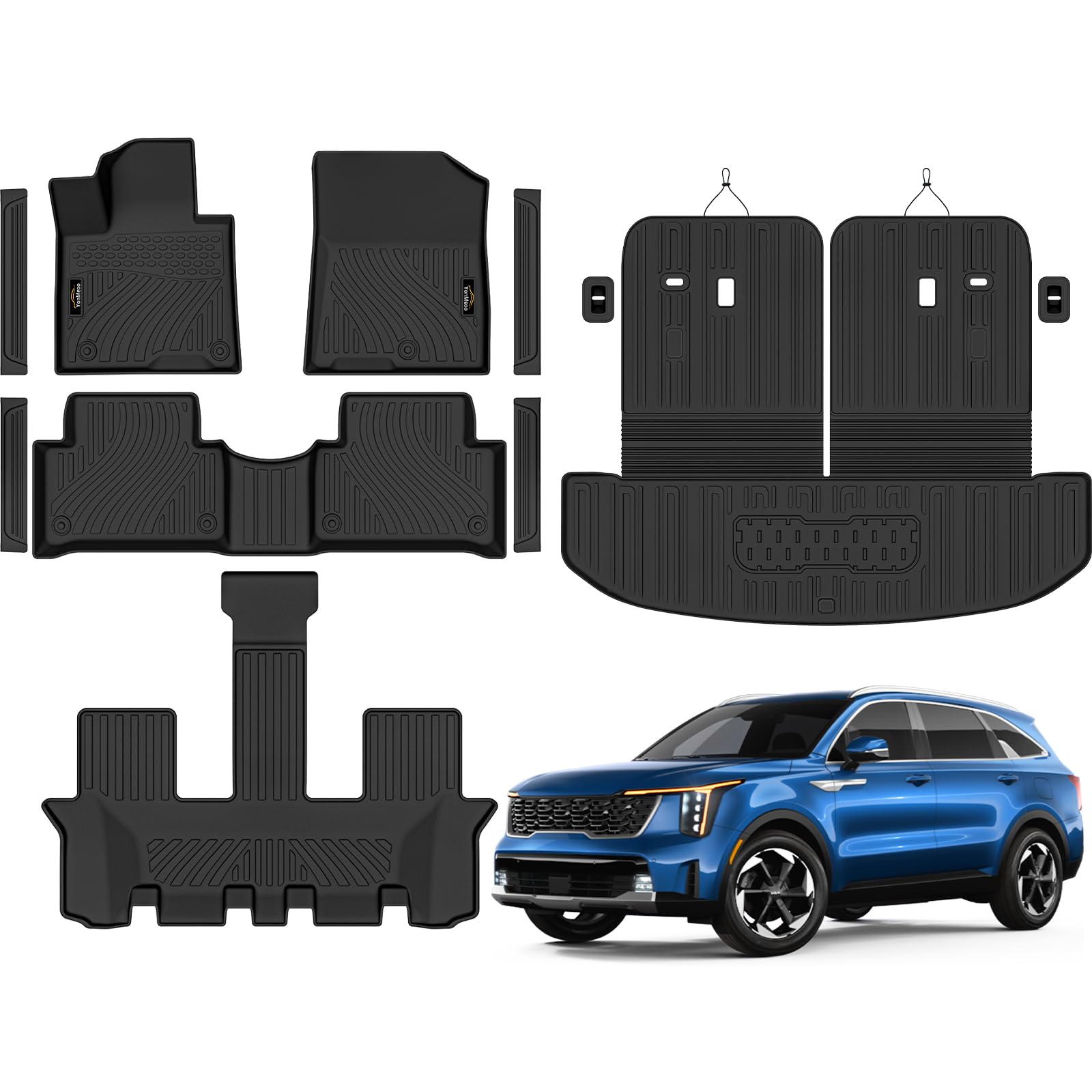 Photo 1 of Floor Mats Custom Fit for Kia Sorento 2021-2025 2026 6&7 Seats (Not for Hybrid) Trunk Mat with Backrest Mat All Weather TPE Rubber Cargo Liner Back Seat Protector Full Set for Sorento Accessories