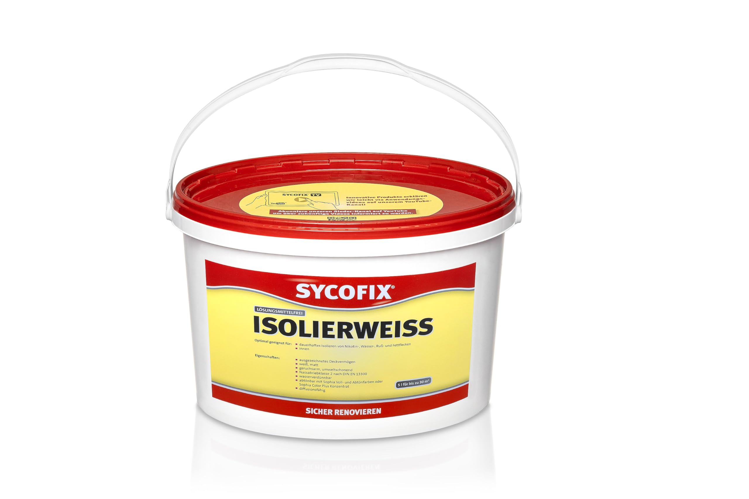 Isolierweiß 5 l ausreichend für ca. 30 m², hochdeckende scheurbeständige Farbe zum dauerhaften Isolieren von Nikotin-, Wasser-, Ruß- und Fettflecken, lösemittelfrei, matt