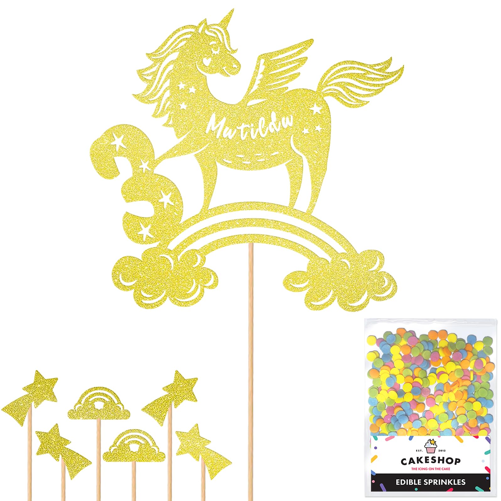 Personalised Unicorn Glitter Cake Topper- Champagne Any Custom Age & Name Glitter Cake Decoration and Sprinkles - Happy Birthday Decorations - Personalised Toppers for Cakes by Cakeshop — image 1