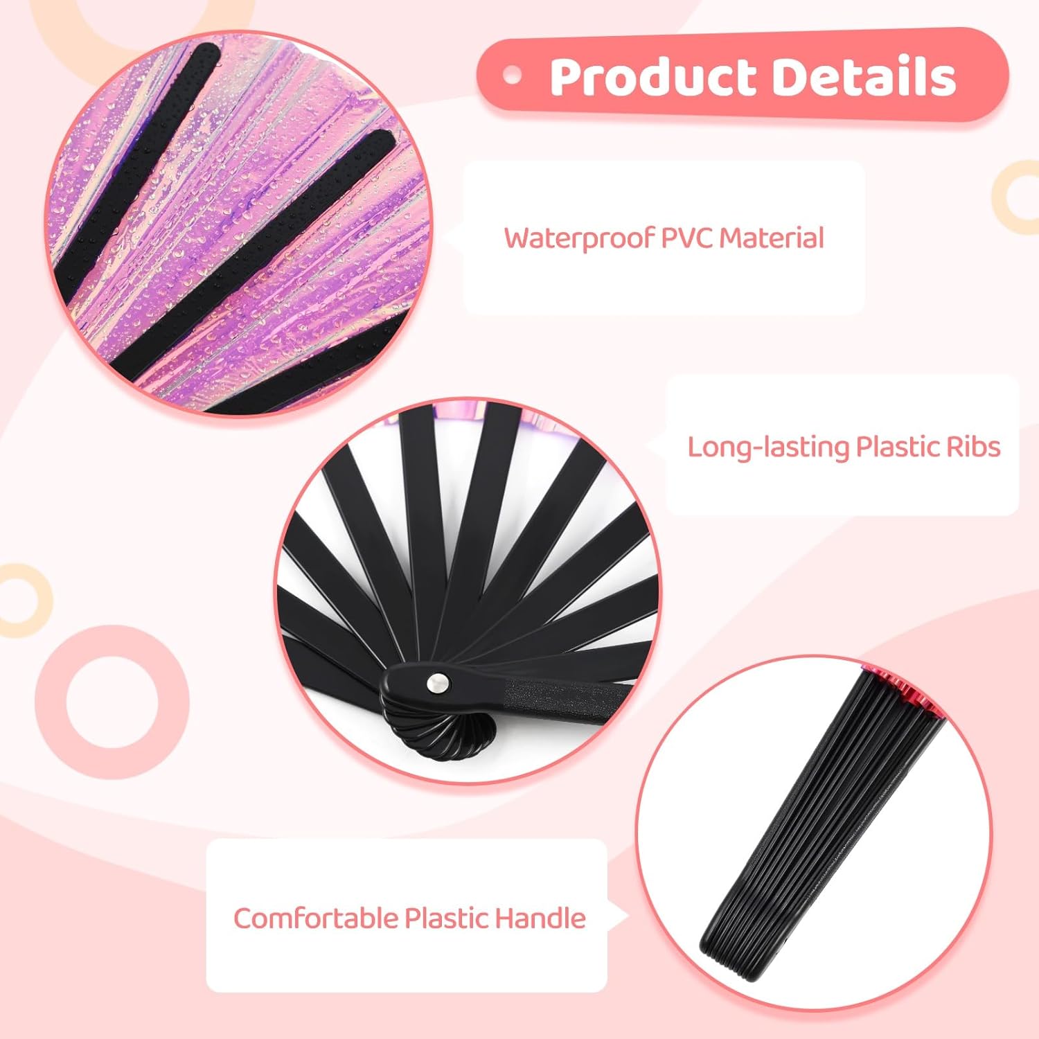 OMISTAR 12PCS Large Folding Fan, Iridescent Clack Rave Fans Bulk, PVC Foldable Fans for Craft Holding Laser Outfits Women Men Outfit Club Line Dancing
