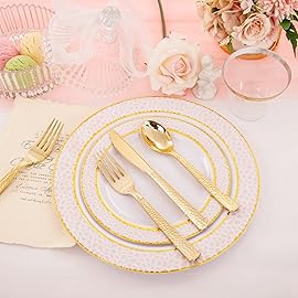 Ciaell 150PCS Pink Plastic Plates - Disposable Pink and Gold Plates Set include 50Plates, 25Forks, 25Knives, 25Spoons, 25Cups for Wedding & Party