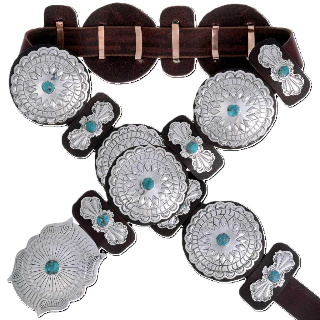 Alltribes Navajo Kingman Birdseye Turquoise Silver Concho Belt Full Size Unisex Accessory on Custom Sized Genuine Leather 3618