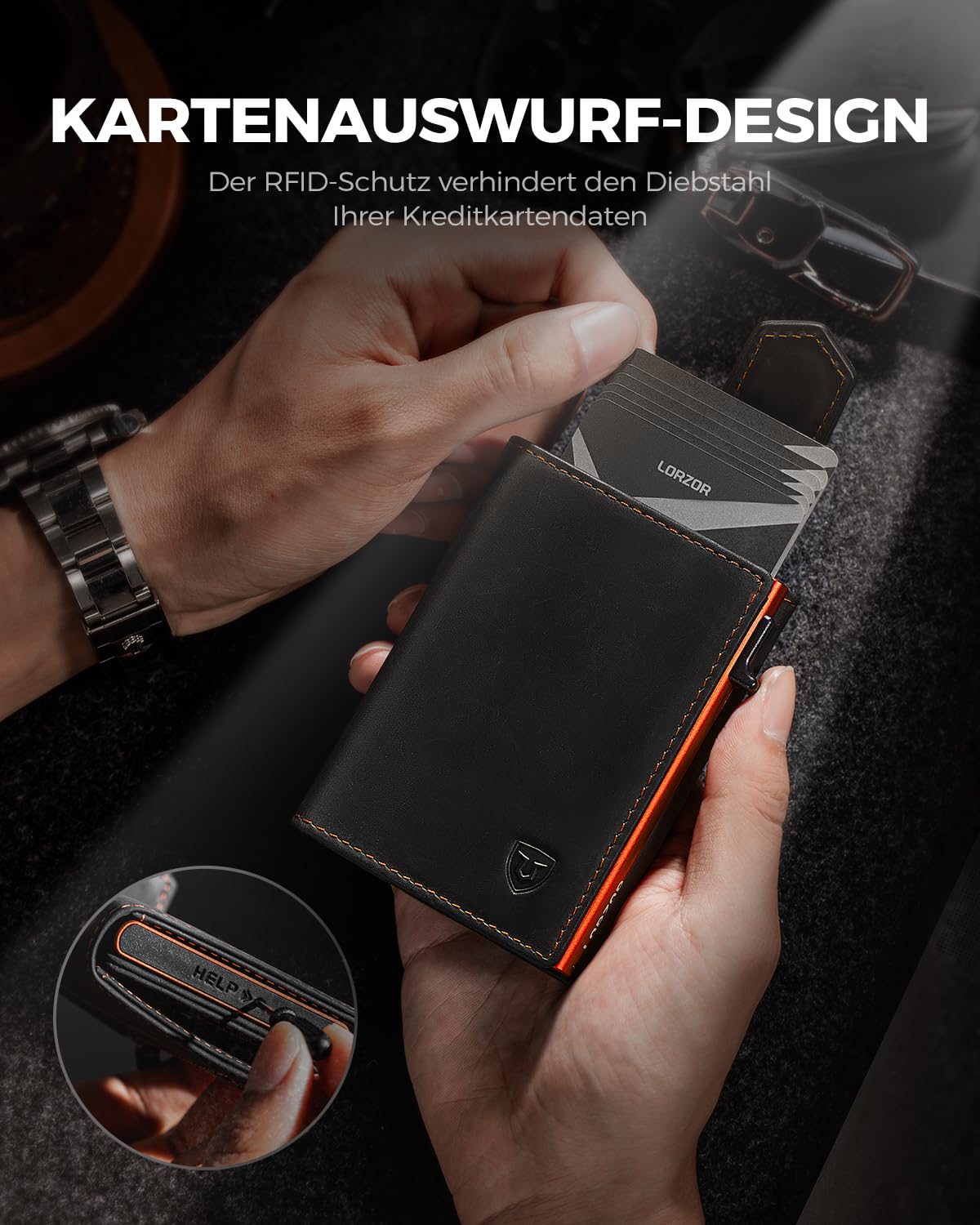 LORZOR Kartenetui mit Magnetischer Verschluss, Slim Wallet mit Münzfach, Geldbörse Herren RFID Schutz, Portmonee Herren Portemonnaie für 10 Karten, Smart Wallet, Geldbeutel (Orange)