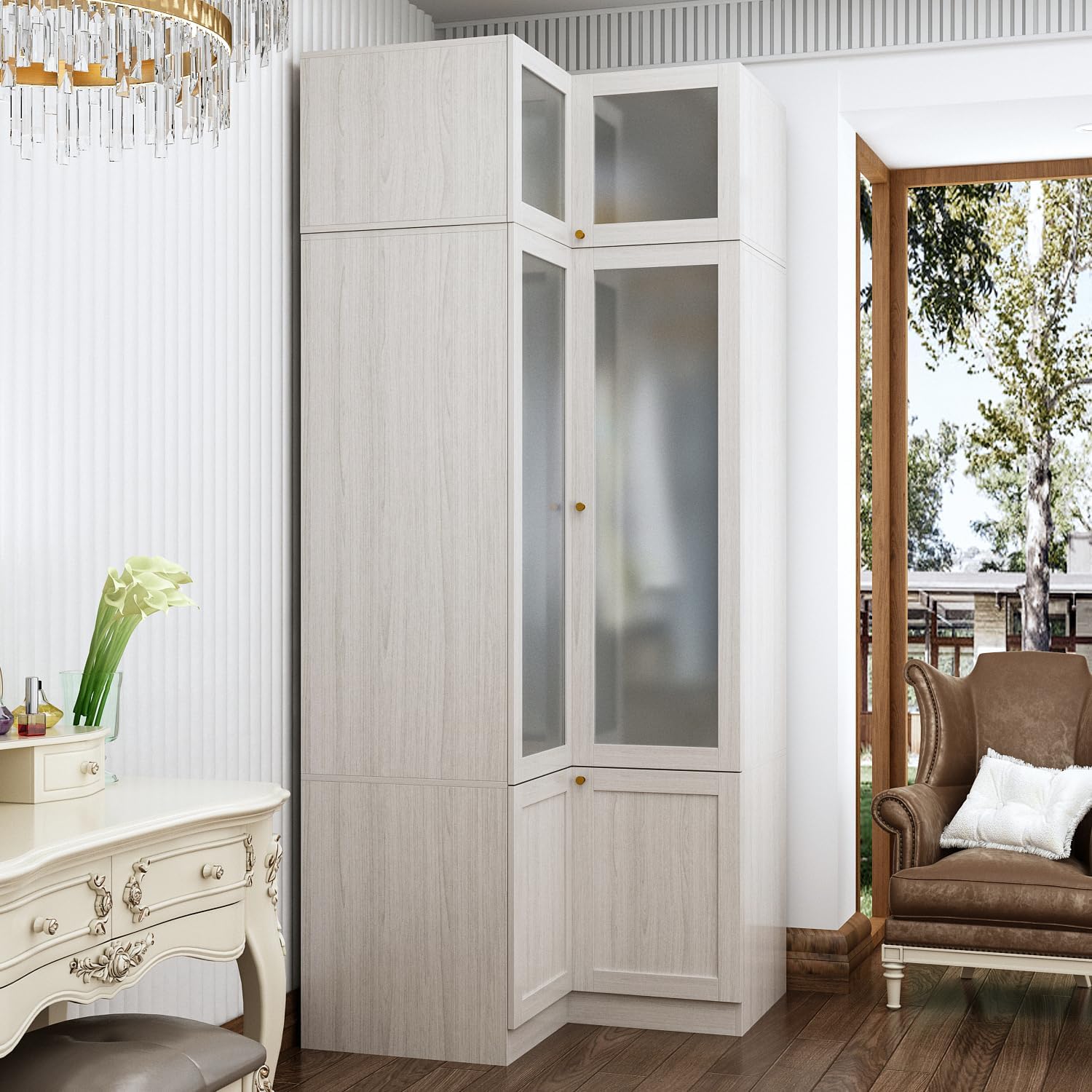 MOUMON 86.6" L-Shaped Corner Wardrobe with Frosted Glass Doors, Armoire Closet with Hanging Rod, Top Storage, Space-Saving, Light Oak 35.4”W x 35.4”D x 86.6”H