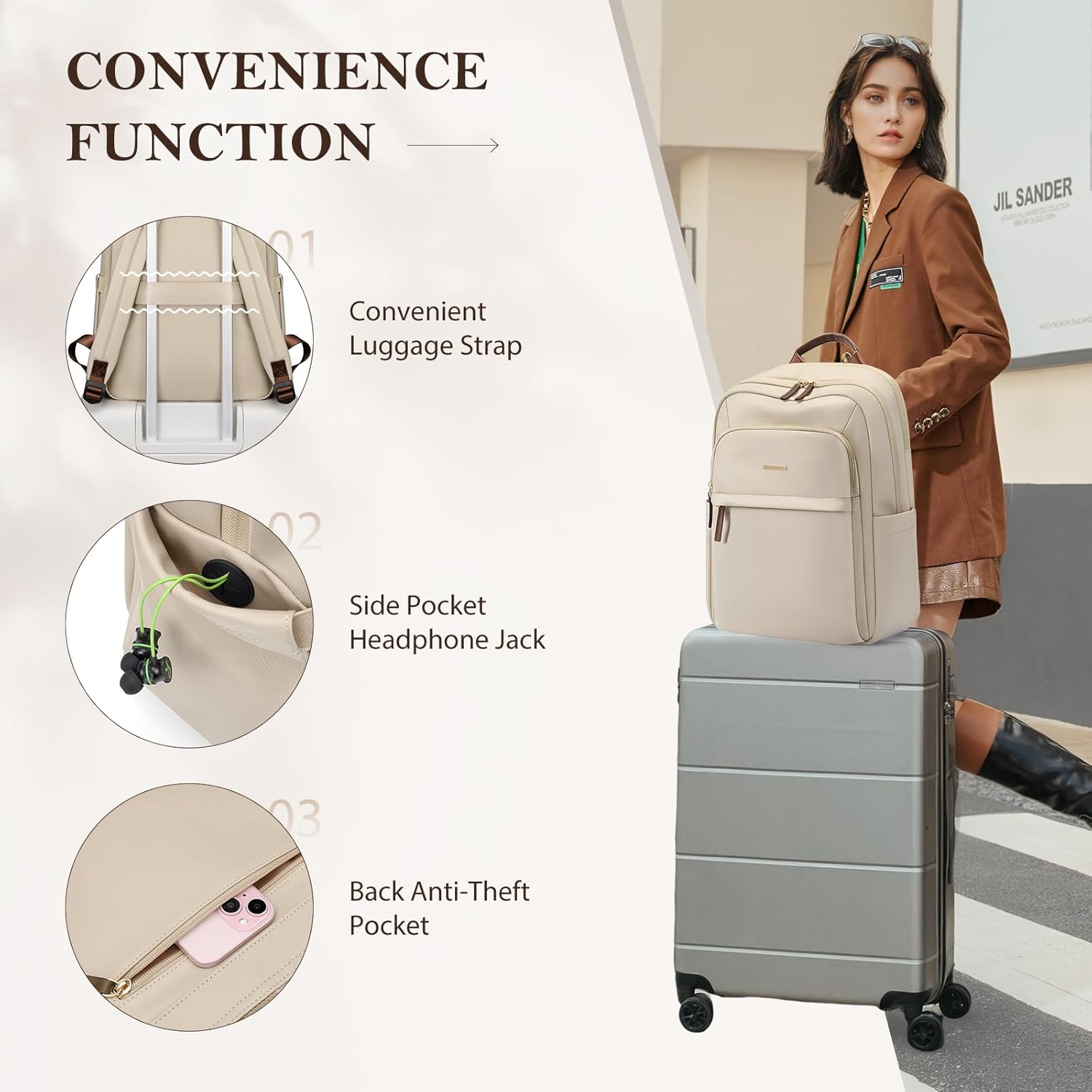 Travel Backpack for Women Personal Carry On Bag Business Weekender Hiking Multilayer Laptop Bag,16 Inch,Apricot - Image 3