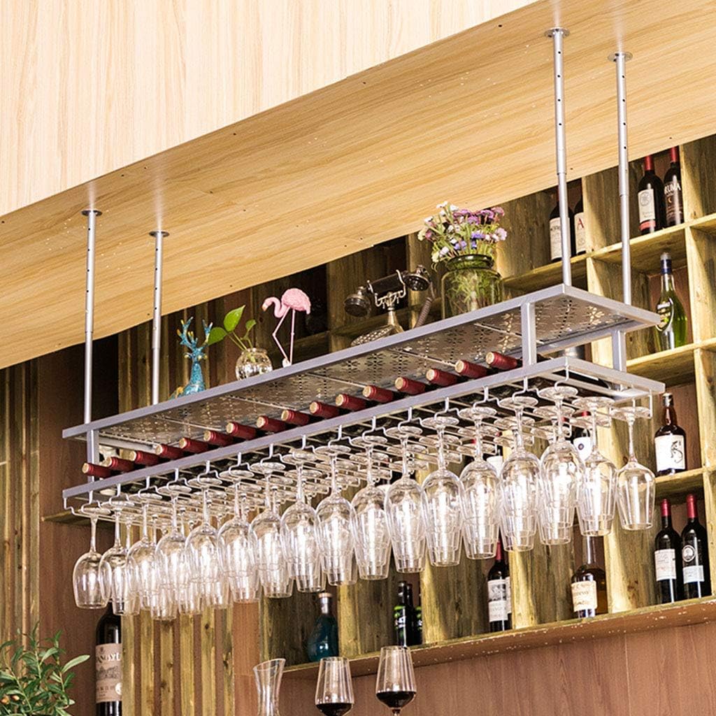 Wine Glass Rack Ceiling Hanging Shelves Bottle Holder Glass Shelf, Industrial Retro Decor Wall Mounted Wine Glass Rack Living Room Bar Furniture, 100cm(39in), Silver