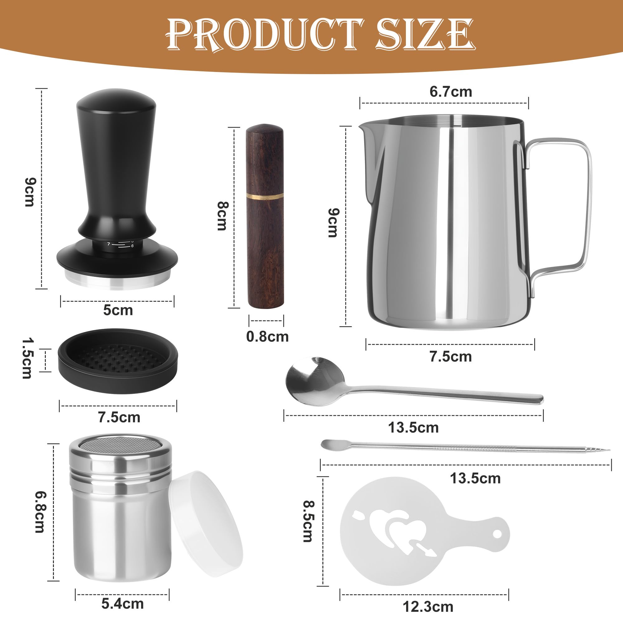 Set di Tamper per Caffè da 51 mm, Kit di Accessori per Espresso con Brocca per Schiumare, Strumento per Manomissione Caffè, Agitatore per Caffè, Penna per Latte Art, Tappetino, 16 Stencil per Caffè