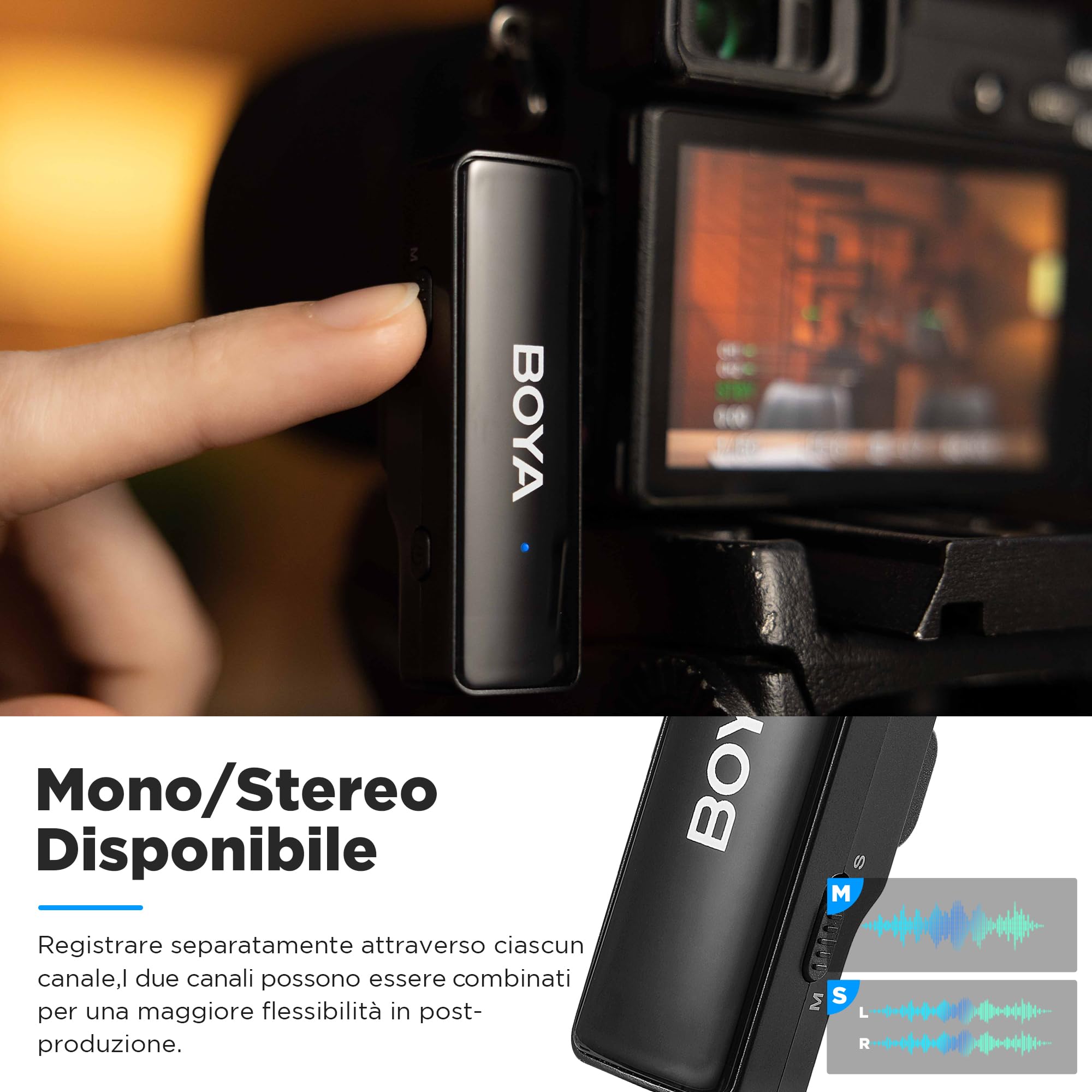 BOYA Wireless Lavalier Microfono, BOYALINK A1 Mini Lapel Microfono per iPhone Android Fotocamera PC Laptop Registrazione video, Vlog, Podcast Live Stream Intervista (TX + RX)