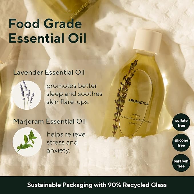 The AROMATICA Serene Body Oil comes in a 100ML / 3.38 fl. oz bottle, making it a convenient size for travel or everyday use. The carefully selected combination of lavender and marjoram essential oils creates a soothing scent that can ease tension and create a peaceful atmosphere.